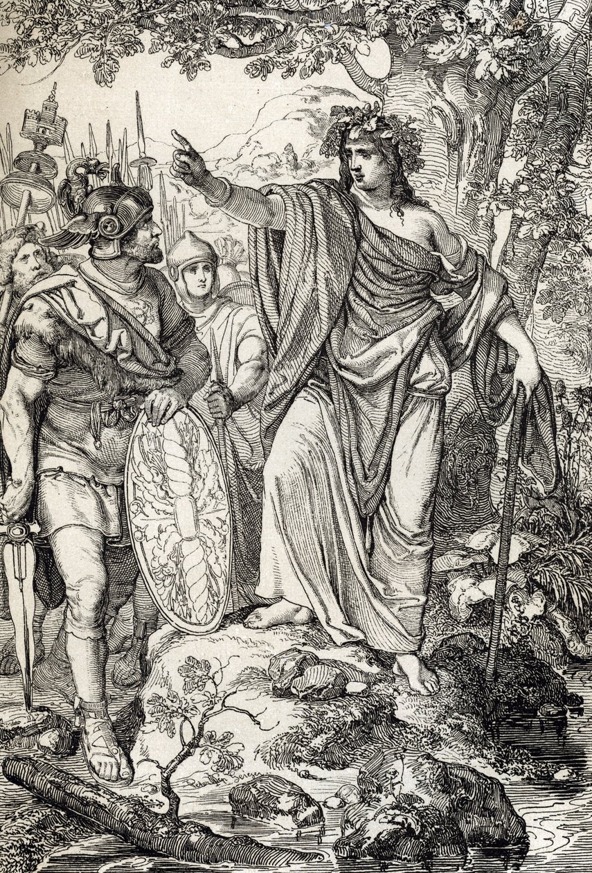 Kampanie Germanika: „” Nero Claudius Drusus Germanicus (38-9 pne) i jego armia spotykają młodą kobietę w regionach między Wezerą a Łabą, około 12 rpne” (Podbój Germanii: powieść generał Nero Claudius Drusus Germanicus i jego zasięg armii t autorstwa Peter Johann Nepomuck Geiger