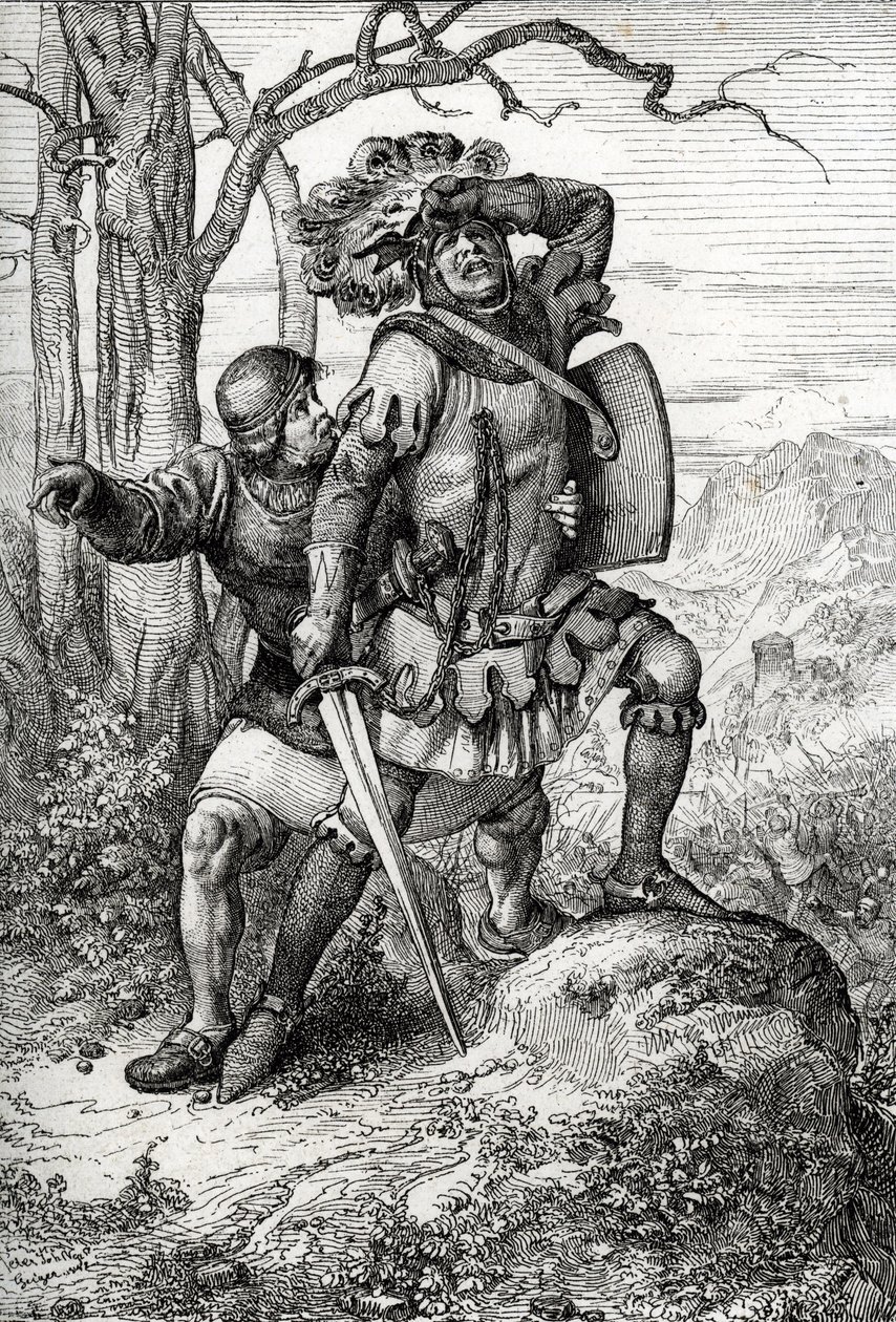 Książę Leopold I Austrii, pan Habsburga, ratuje przez jednego ze swoich towarzyszy w bitwie pod Morgarten 15 listopada 1315 r. Przeciwko konfederatom szwajcarskim w Szwajcarii (bitwa pod Morgarten 15 listopada 1315 r., Leopold I, książę Austrii uratowany p autorstwa Peter Johann Nepomuck Geiger