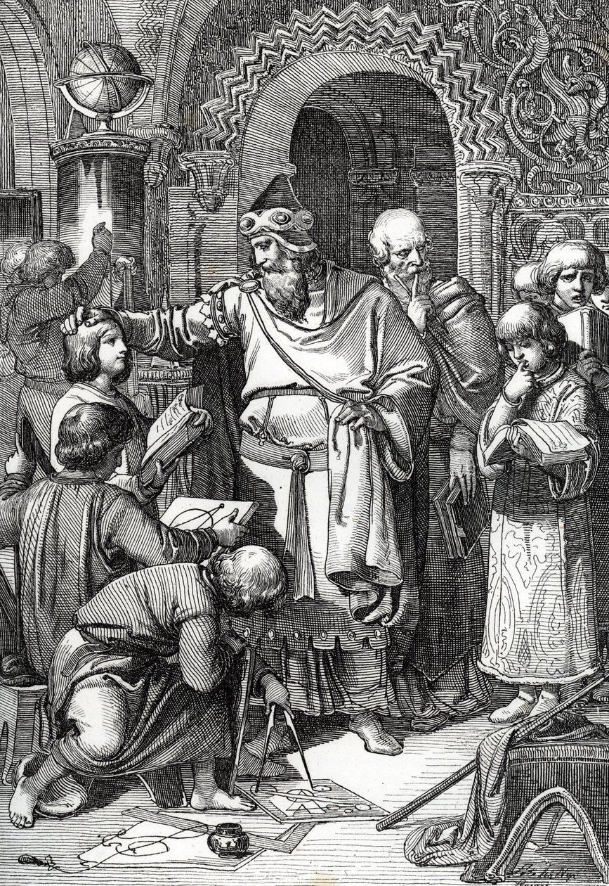 cesarz Karol Wielki (742-814) założyciel szkolnego spotkania dzieci” (cesarz Karol Wielki spotyka się z dziećmi, jego zainteresowanie edukacją i nauką oraz mecenatem uczonych sprawiło, że jest uważany za patrona szkół) Rysowanie opon z pióropuszem o autorstwa Peter Johann Nepomuck Geiger