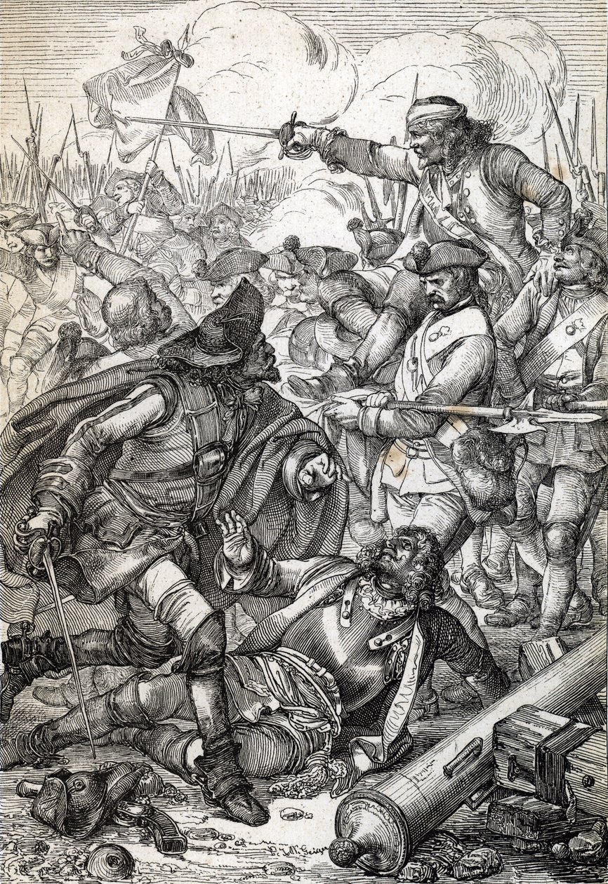 Wielka wojna północna: „” Bitwa pod Połtawą (lub Pułtawą) między armią Piotra I z Rosji a wojskami Karola XII ze Szwecji, 8/07/1709”” (Wielka wojna północna: bitwa pod Połtawą, 8 lipca 1709 r.) ) Piórkowy rysunek z „” Historische Memorabilian des autorstwa Peter Johann Nepomuck Geiger