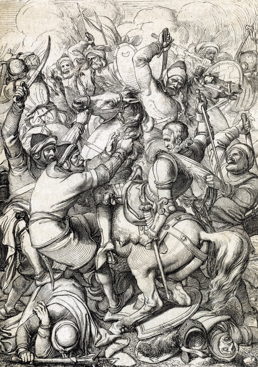 Król Portugalii Sebastian I (1554-1578) schwytany w bitwie pod Alcacer-Quibir (Ksar el-Kebir lub Bitwa Trzech Króli) 4/08/1578 w Maroku (schwytanie króla Portugalii Sebastiana I w bitwie pod Ksar El Kebir (Bitwa Trzech Króli lub Alcacer Qu autorstwa Peter Johann Nepomuck Geiger