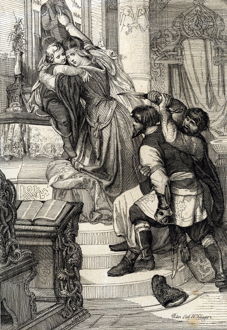 Revolta de Moscou de 1682 (levantamento do streltsy de 1682): Czarina Natalia Narychkina protegendo seu filho, o príncipe Peter (1672-1725) dos ataques dos streltsy (strelets), Rússia (Revolta de Moscou de 1682 ou Revolta dos streltsy: Tsarina Natalia Nary autorstwa Peter Johann Nepomuck Geiger