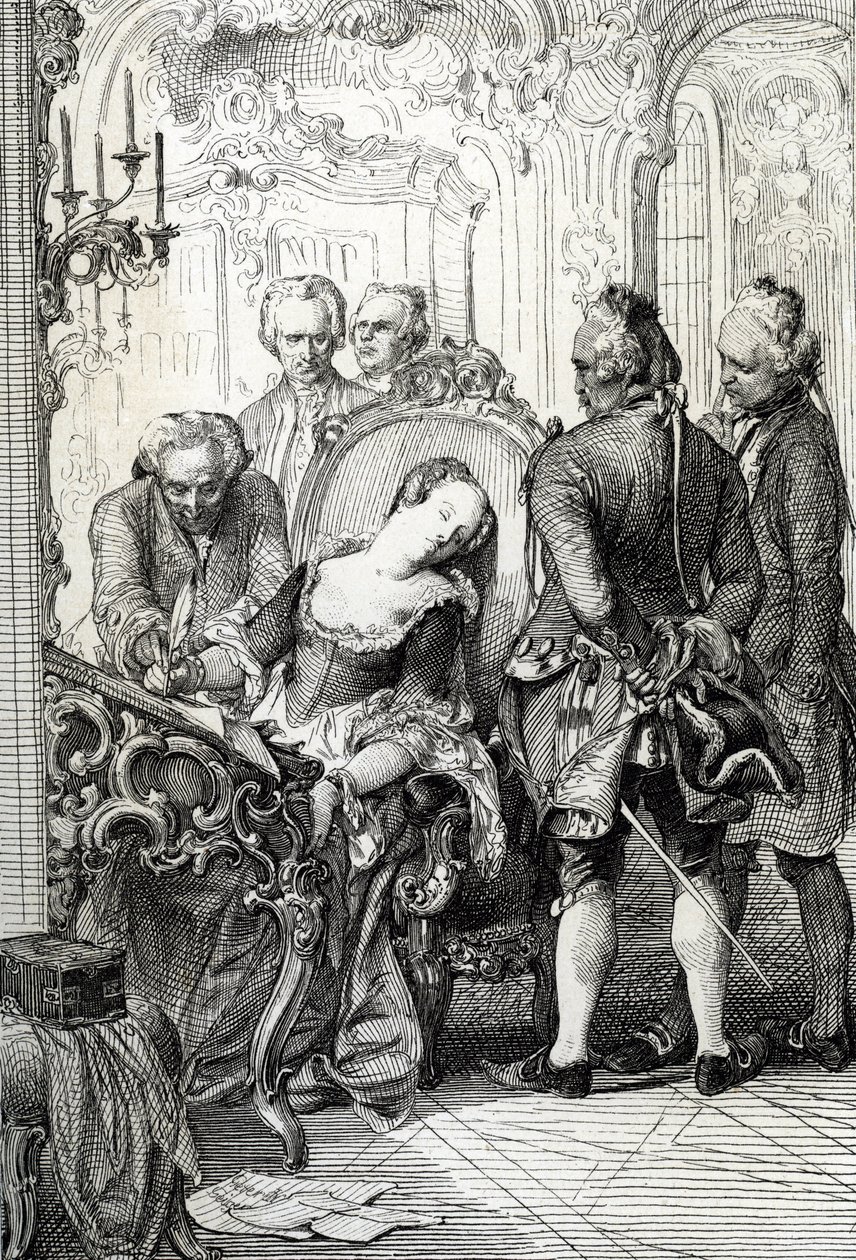 Królowa Danii Karolina Matylda (1751-1775) zmuszona do podpisania dokumentów rozwodowych po jej pozamałżeńskiej przygodzie w 1772 r. (Królowa Danii Karolina Matylda podpisała dokumenty rozwodowe w kwietniu 1772 r. za cudzołóstwo) autorstwa Peter Johann Nepomuck Geiger