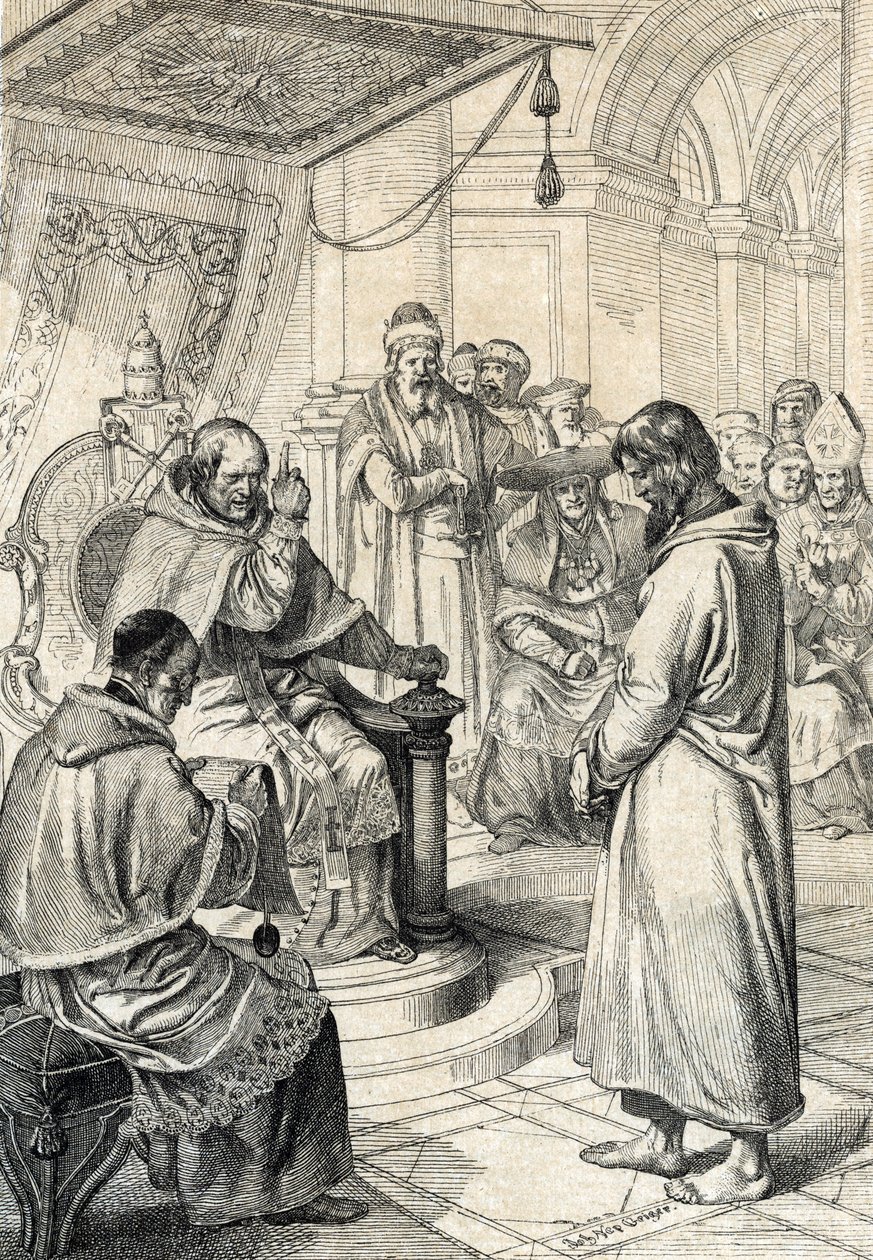 Queril z inwestytur, skrucha Canossy: W Canossie cesarz Henryk IV Świętego Cesarstwa Rzymskiego (1050-1106) w stroju pokutnym błaga o przebaczenie papieża Grzegorza VII (Hildebrand: 1015/20-1085) dokonując honorowych zadośćuczynień w styczniu 1077 r. ” (Śc autorstwa Peter Johann Nepomuck Geiger