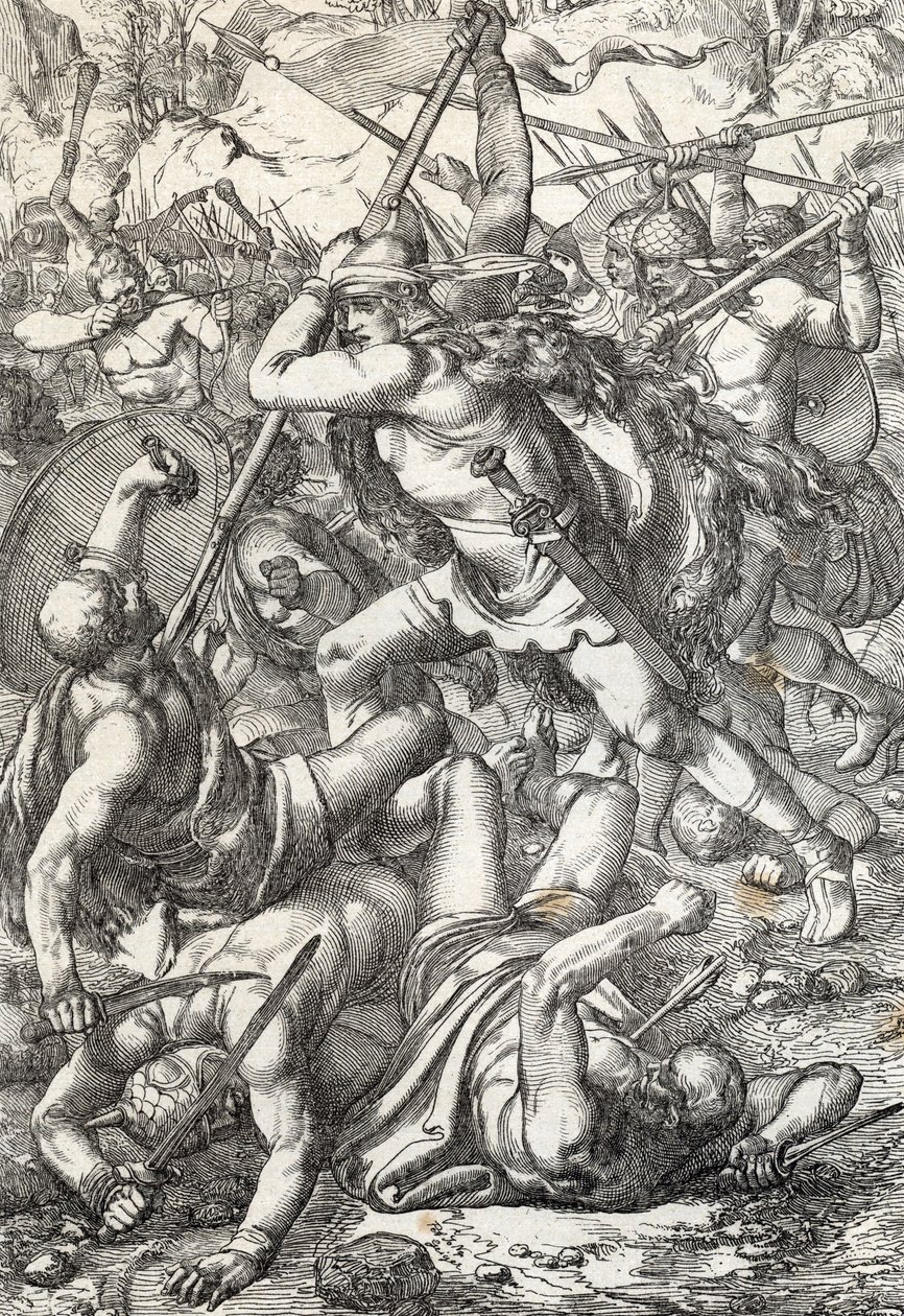 Przedstawienie zdobywcy Pelage (Pelagiusza lub Pelayo) (zm. 737) króla Asturii triumfującego nad Saracenami, 719 Covadonga, Hiszpania autorstwa Peter Johann Nepomuck Geiger