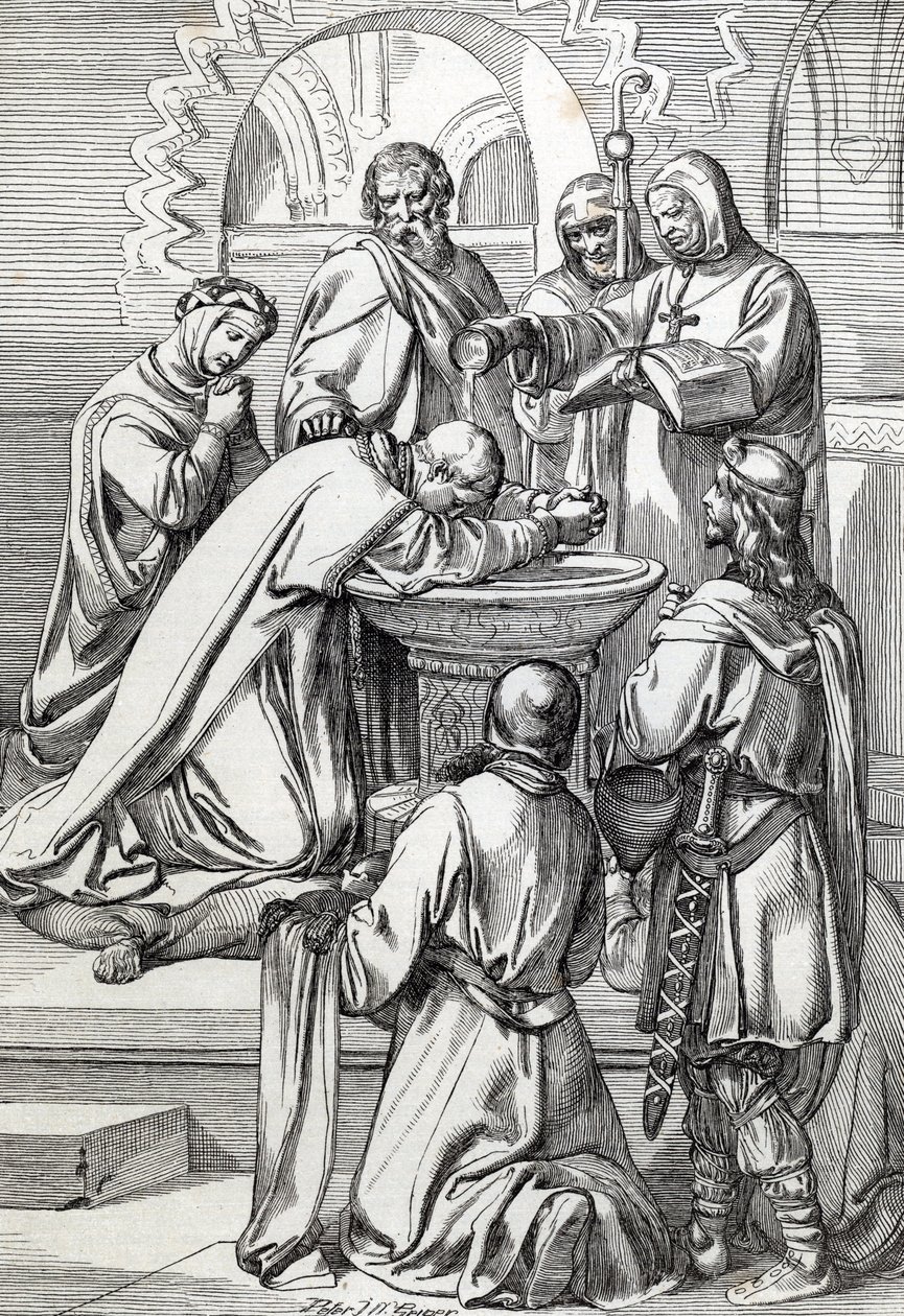 Przedstawienie św. Augustyna z Canterbury (zm. 604), wysłanego do Anglii przez papieża Grzegorza Wielkiego w 596 r. w celu nawrócenia Anglosasów - Jest tutaj przed Ethelbertem, anglosaskim królem Kentu (552? -616), którego ochrzcił w 597 (Augustyn, pierwsz autorstwa Peter Johann Nepomuck Geiger