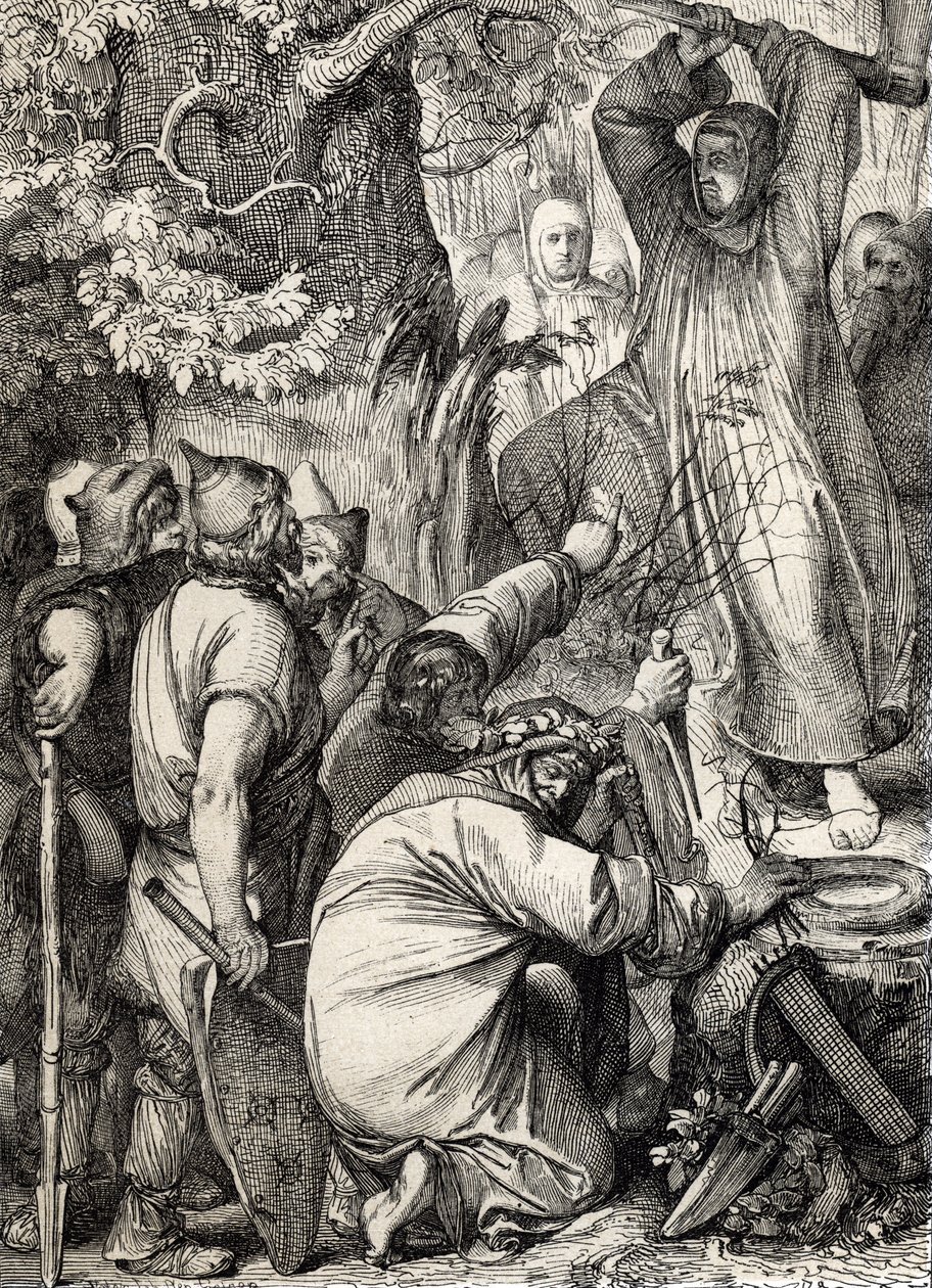 Przedstawienie św. Bonifacego z Moguncji (680-754) ścinającego dąb Thora, aby przekonać druidów, że nie jest to święte drzewo (Święty Bonifacy (Bonifacius) niszczący dąb Thora (dąb Donara lub Jowisza) święte drzewo germańskich pogan, przekonwertować autorstwa Peter Johann Nepomuck Geiger