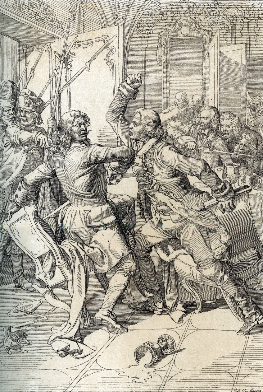 Revolta de Streltsy: prisão de membros dos regimentos de Streltsy (strelets) após seu levantamento em 1698 contra as inovações progressivas do czar Pedro, o Grande, Rússia (revolta de Streltsy: supostos membros dos regimentos de Streltsy de Moscou presos a autorstwa Peter Johann Nepomuck Geiger