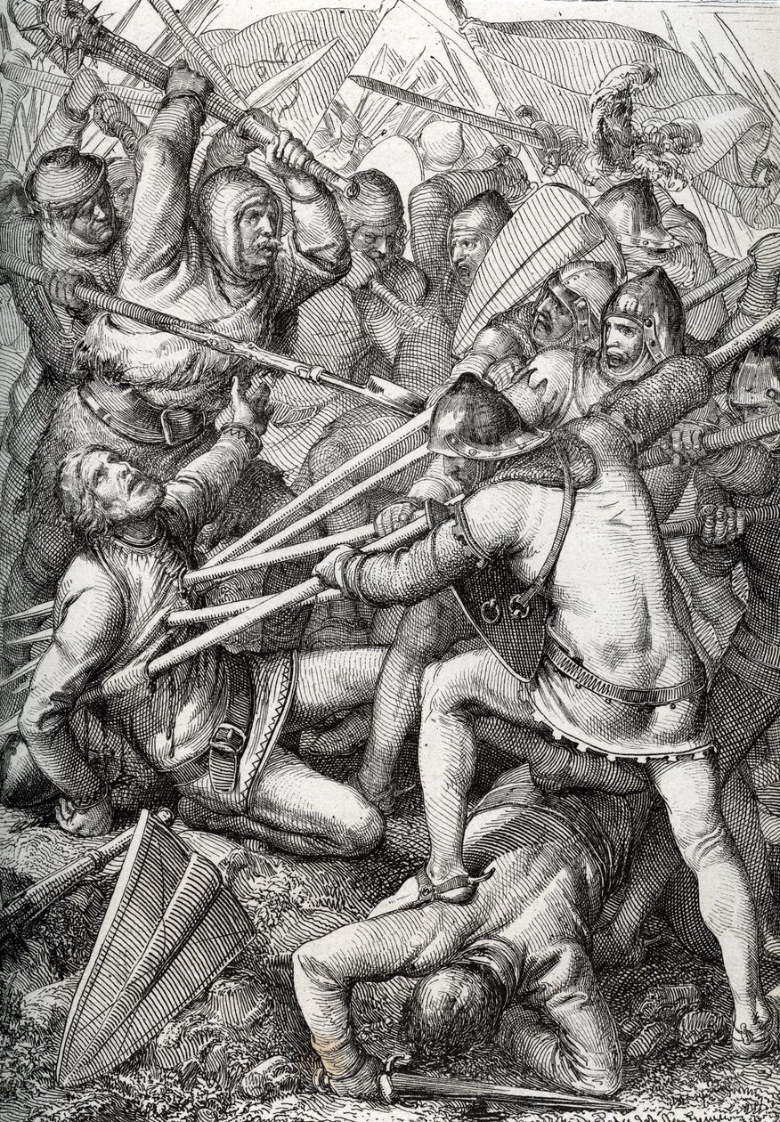 Bitwa pod Sempach stoczona 9 lipca 1386 r. pomiędzy księciem Austrii Leopoldem III a Starą Konfederacją Szwajcarską, narysowana piórem zaczerpniętym z „Historische Memorabilian des In-und Auslandes” (Wspomnienia historyczne) autorstwa Antona Zieglera autorstwa Peter Johann Nepomuck Geiger