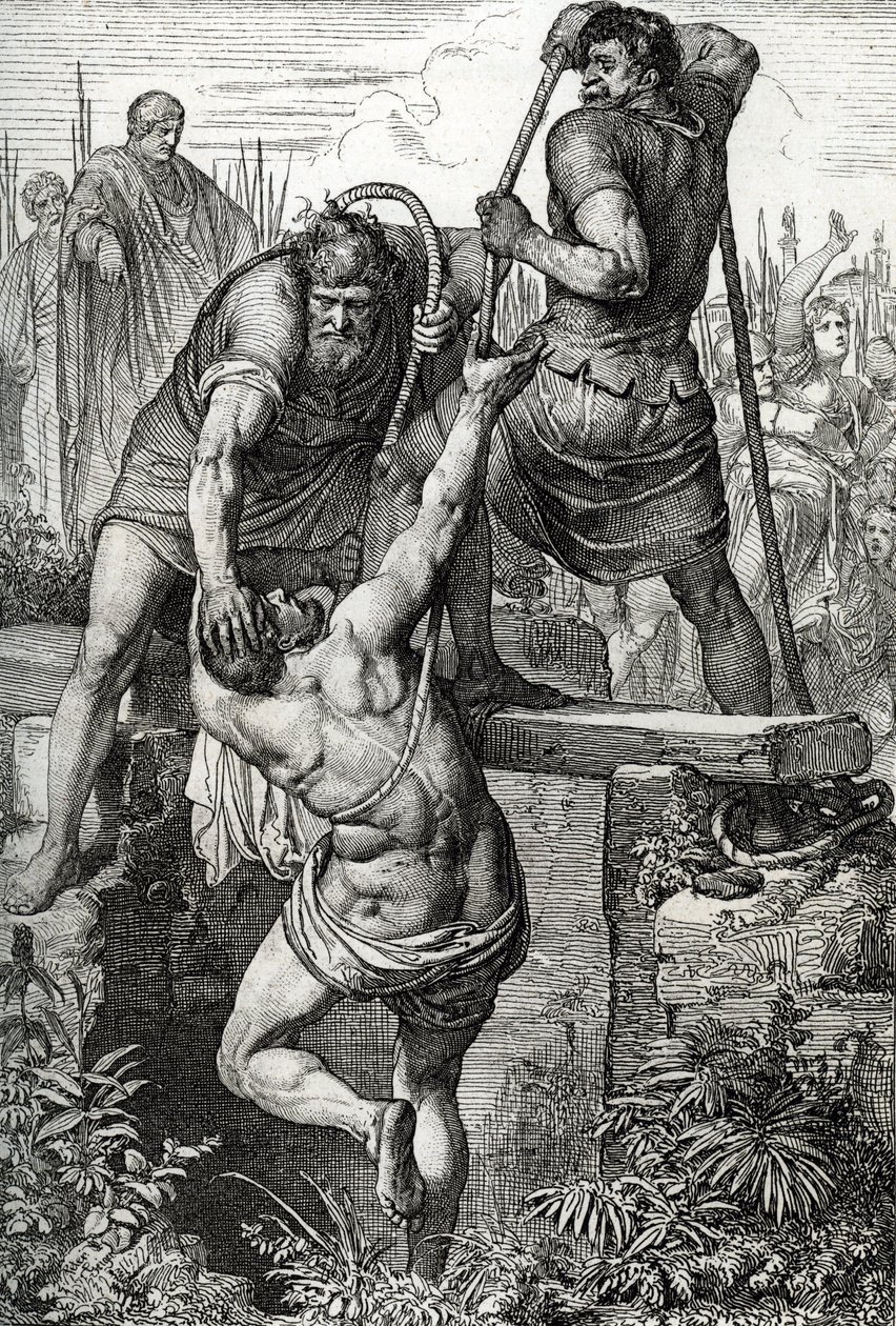Cesarz bizantyjski Zenon (425-491) powrócił do Konstantynopola, kazał uzurpatorowi Flaviusowi Basiliscusowi (Bazyliszkowi) zamknąć się wraz z rodziną, 477 (zmarły Basiliscus zamknięty w suchej cysternie, aby umrzeć z narażenia, przez rzymskiego cesarza Zen autorstwa Peter Johann Nepomuck Geiger