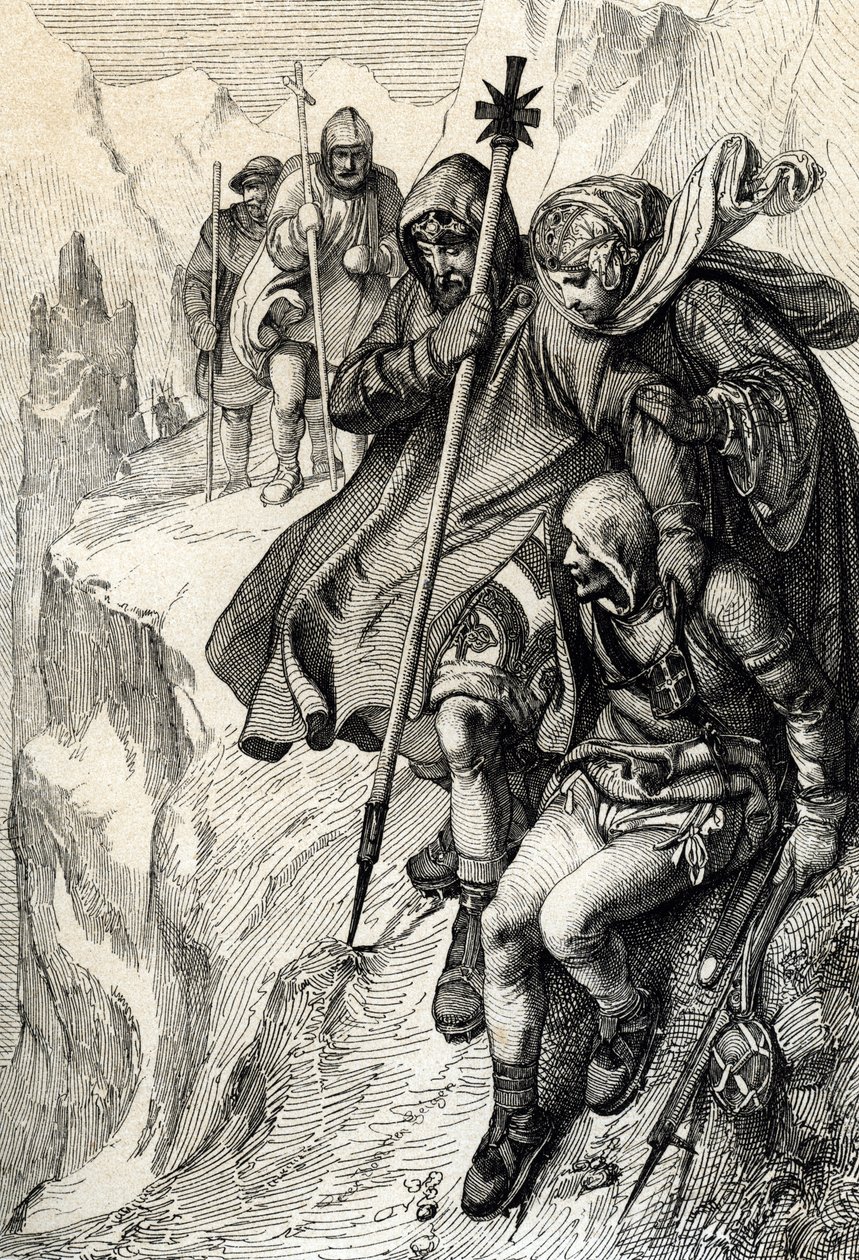 Król Rzymian Henryk IV przechodzi przez przełęcz góry Cenis, aby przekroczyć Alpy i udać się do hrabiny Matyldy z Toskanii do Canossy, gdzie papież Grzegorz VII, styczeń 1077” (Henryk IV przekroczył Alpy przez przełęcz Mont Cenis, aby dotrzeć do zamku Cano autorstwa Peter Johann Nepomuck Geiger