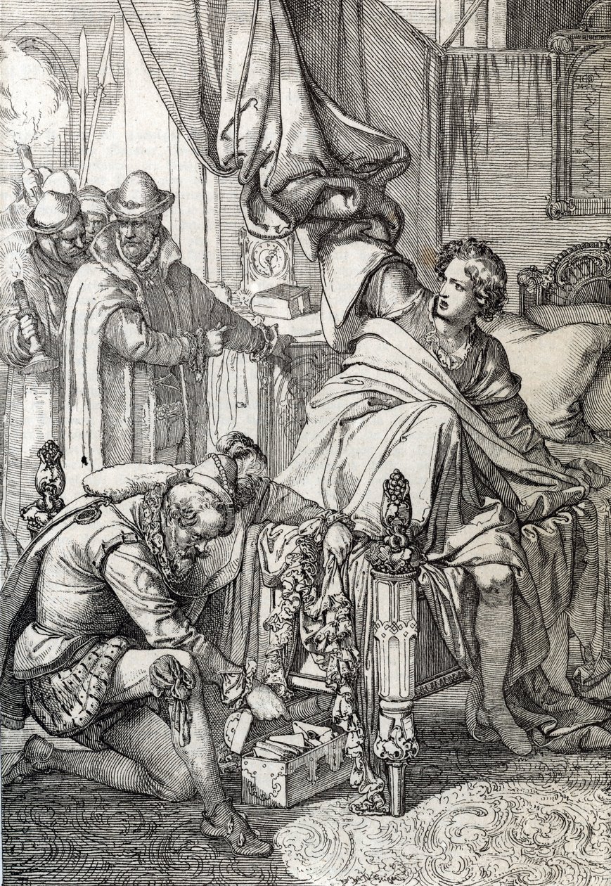 Aresztowanie Karola Austriackiego (1545-1568) (Don Carlosa), syna Filipa II Hiszpańskiego w 1568 roku przez ludzi jego ojca (Carlosa, najstarszego syna księcia Asturii i następcy tronu hiszpańskiego króla Filipa II, ojciec na początku 1568) rysowanie pióre autorstwa Peter Johann Nepomuck Geiger