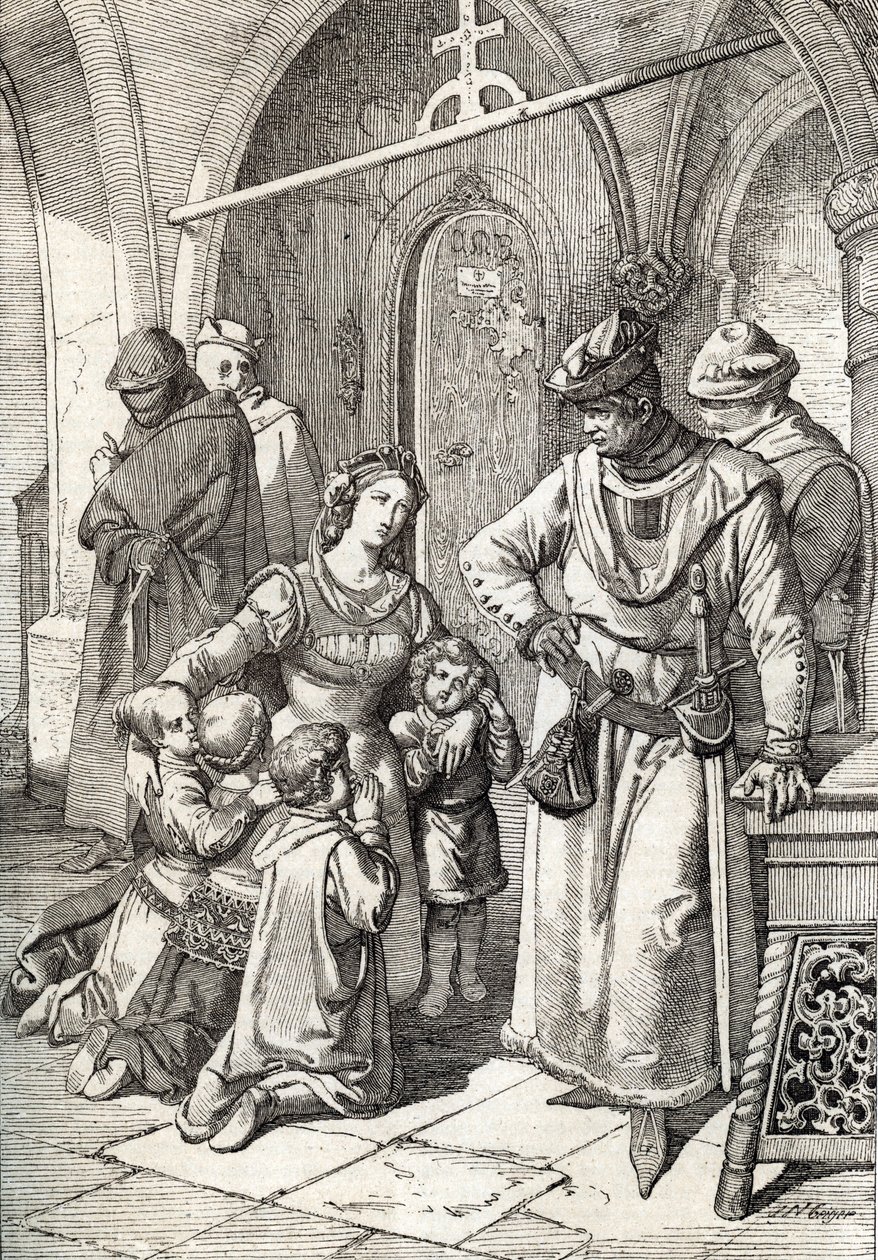 Zabójstwo szlachcianki Ines de Castro (1320-1355), drugiej żony Piotra I (Pedro I) Portugalii w klasztorze Santa Clara de Coimbra, Portugalia 1355 (Żona króla Piotra I Portugalii Morderstwo Ines Castro w klasztorze Santa Clara w Co autorstwa Peter Johann Nepomuck Geiger