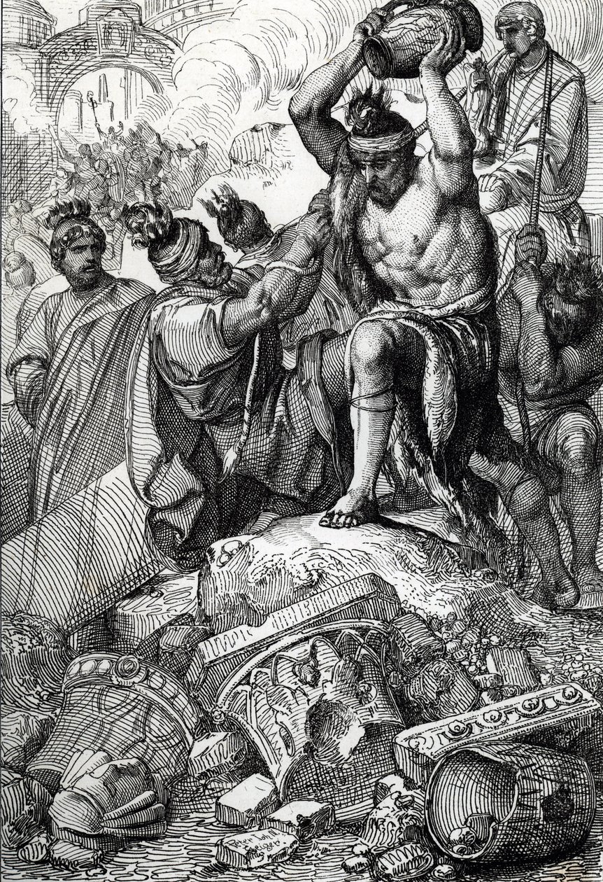Worek Rzymu (Włochy), w 410 r., zabrany z miasta i splądrowany przez Wizygotów dowodzonych przez Alaryka (370-410) (Splądrowanie Rzymu przez Wizygotów pod wodzą Alaryka I w 410 r., za panowania cesarza Honoriusza) długopis wyciągnięty z „Historische Memora autorstwa Peter Johann Nepomuck Geiger