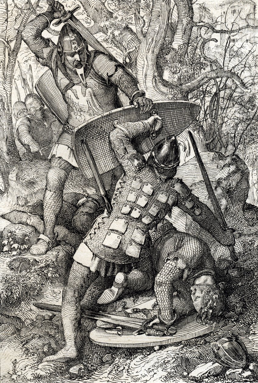 Śmierć Ernesta II Szwabii (1010-1030) w bitwie przeciwko eveque Konstancji w Niemczech (Śmierć Ernesta II, księcia Szwabii w Konstancji, Niemcy autorstwa Peter Johann Nepomuck Geiger