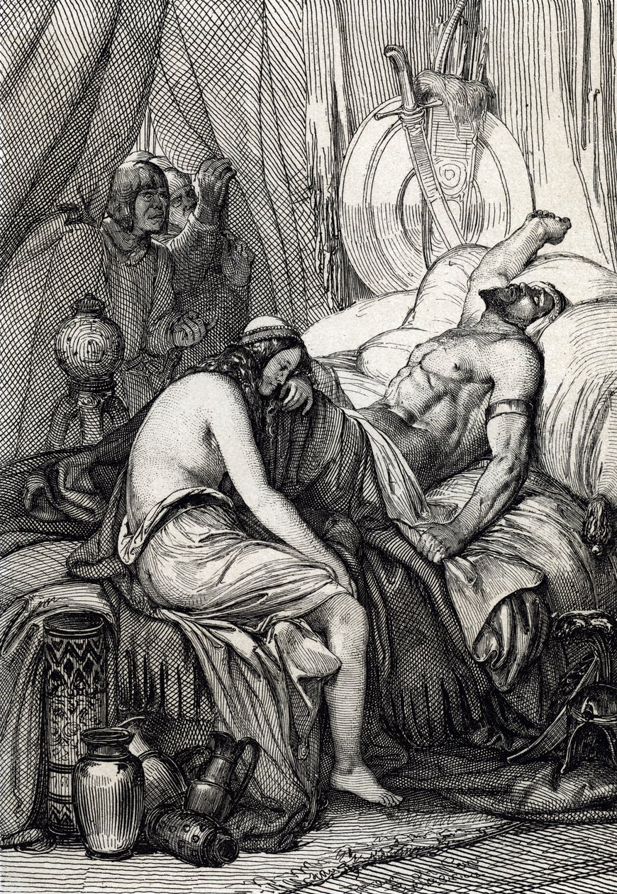 Śmierć króla hunów Attyli (395-453) podczas jego snu w noc poślubną z Germaine Ildico, 453 (Śmierć Attyli, władcy hunów w noc poślubną, jej oblubienica Ildico płacze nad jego ciałem, 453 ) Rysunek pióra zaczerpnięty z „Historis autorstwa Peter Johann Nepomuck Geiger