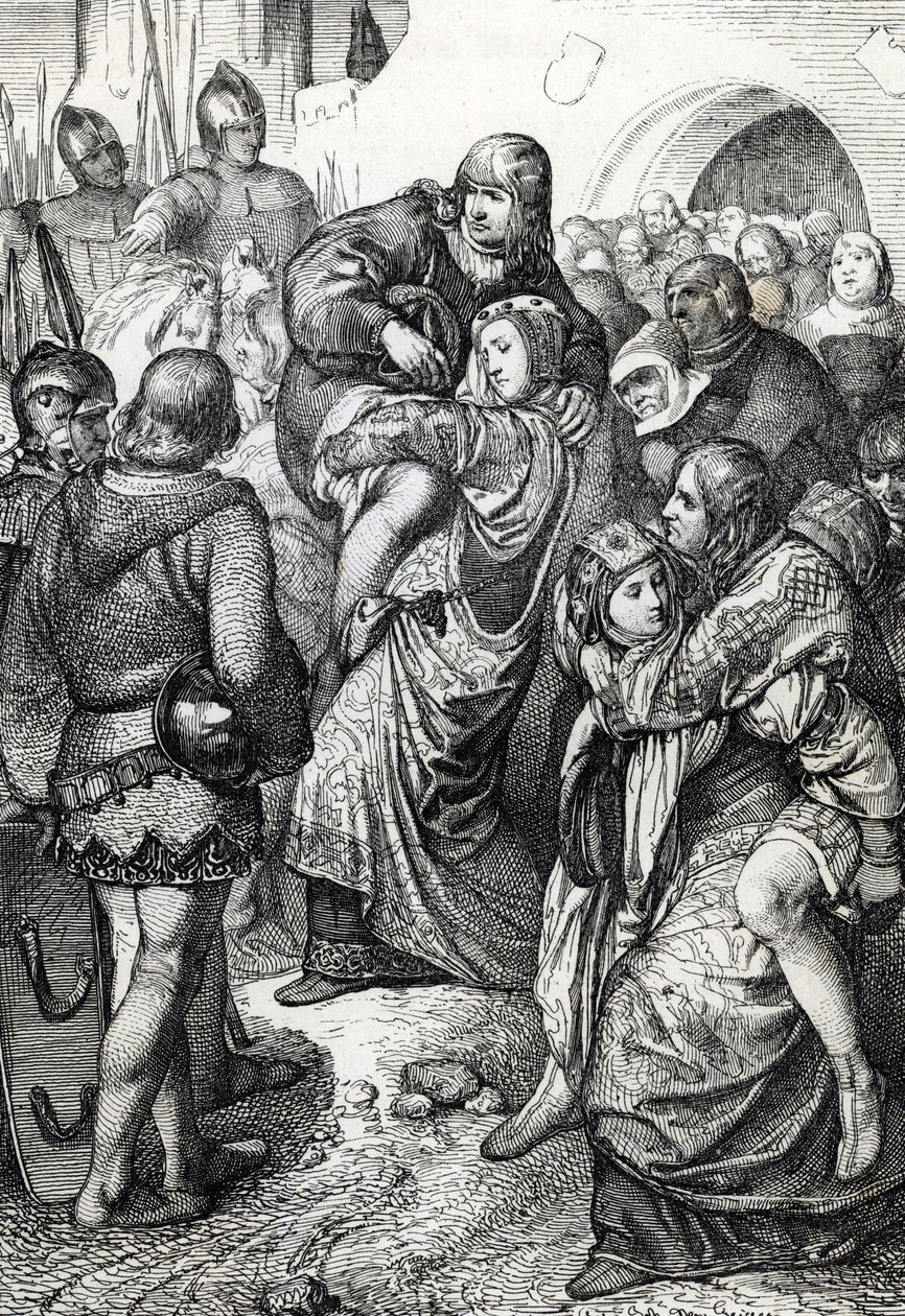 Wierne kobiety z Weinsbergu (Treue Weiber von Weinsberg): żony żołnierzy pokonanych podczas oblężenia Weinsbergu przez Konrada III z Hohenstaufen w 1140 r. niosą swoich mężów na plecach, Niemcy (lojalne żony podczas oblężenia Weinsbergu autorstwa Peter Johann Nepomuck Geiger
