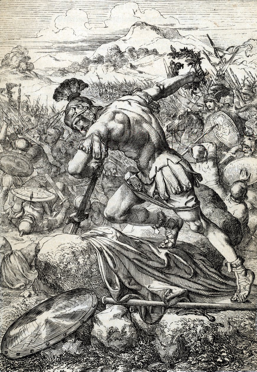 Samobójstwo rzymskiego generała Varusa (Publius Quinctilius Varus) (46 pne-9 ne) na jego mieczu w bitwie pod Teutoburgiem ( Teutoburger Wald lub Teutberg ) przeciwstawiającego się Rzymianom Niemcom w 9 rne (Samobójstwo rzymskiego generała Warusa w bitwie Z autorstwa Peter Johann Nepomuck Geiger