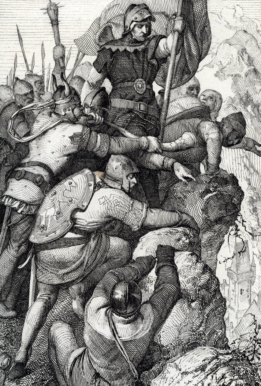 Wojska Othona I z Baviere (1117-1183) w pobliżu Werony we Włoszech 1155 (Otton I, książę Bawarii i jego armia pod Weroną, Włochy 1155) Rysunek z piór z „Historische Memorabilian des In-und Auslandes”” (Pamiątki historyczne) przez Antona Zieglera autorstwa Peter Johann Nepomuck Geiger