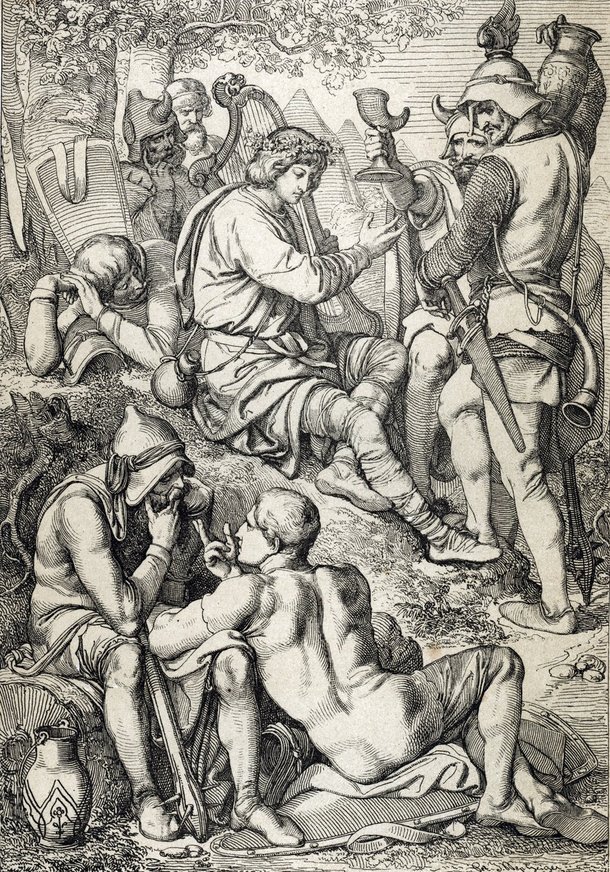 Wojna z Wikingami: „” Król Wessex Alfred I Wielki (846-899) przebrany za harfistę wkracza do obozu Guthrum, aby odświeżyć swoje plany bitewne, Somerset 878 (król Alfred Wielki przebrany za muzyka, przyglądający się sytuacji nieprzyjaciel w Danisie autorstwa Peter Johann Nepomuck Geiger
