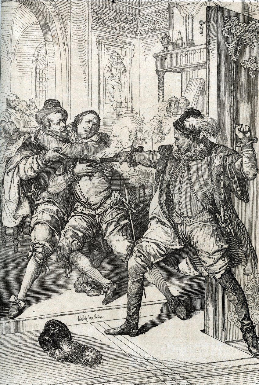 Wojna czterech dwudziestu lat (1568-1648): „” Zabójstwo Wilhelma Orańskiego zwanego Wilhelmem Małomównym (1533-1584) w dniu 10.07.1584 przez Balthazara Gerarda podczas wojny osiemdziesięcioletniej (lub 80 lat) ( Bunt Gueux lub bunt holenderski)” (Assassina autorstwa Peter Johann Nepomuck Geiger