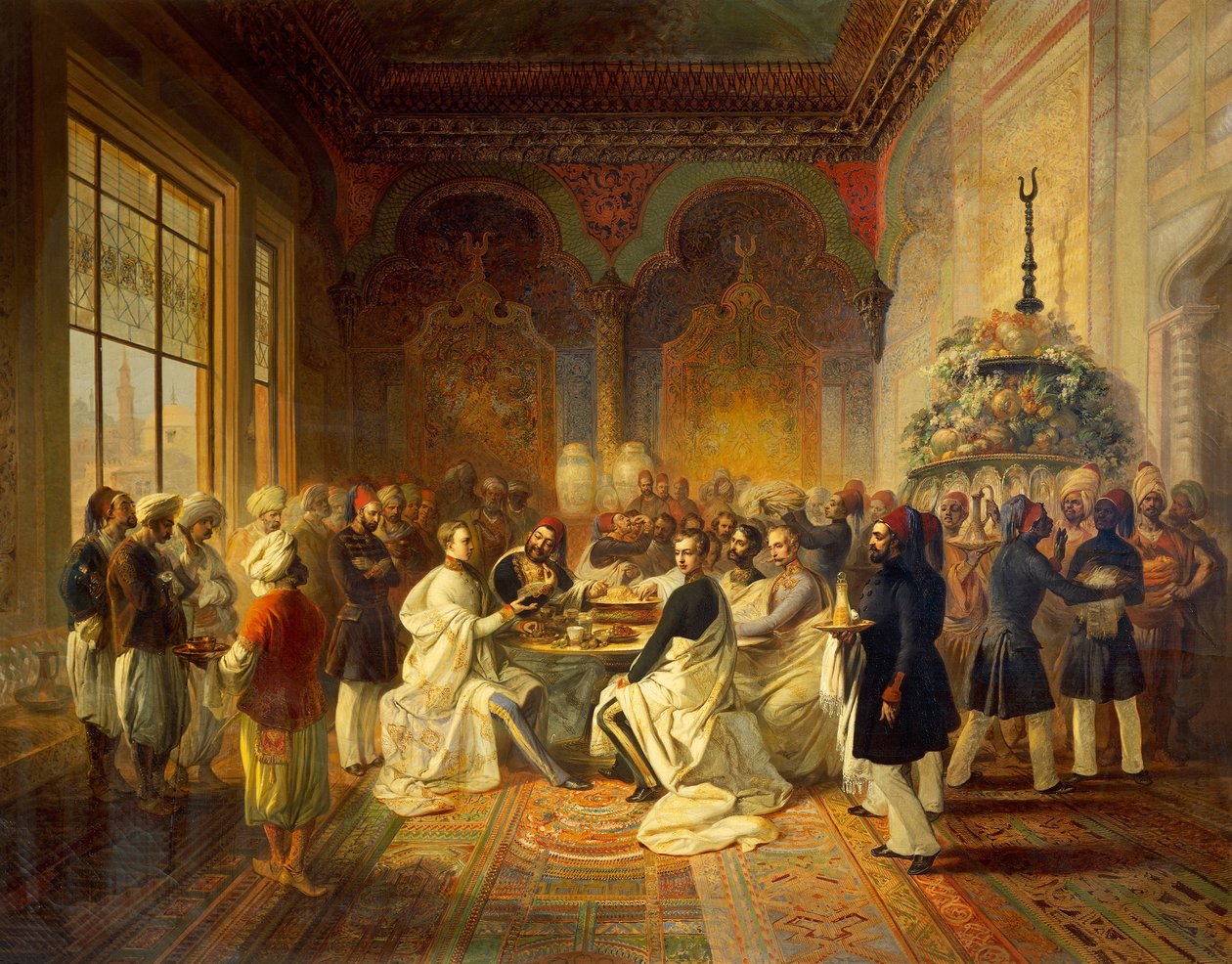 Lunch dostarczony w Smyrnie przez Halima Paszy, ilustracja z Podróży Maksymiliana Habsburga i jego brata Karola Ludwika na Morzu Śródziemnym, autorstwa Petera Johanna Nepomuka Geigera autorstwa Peter Johann Nepomuk Geiger