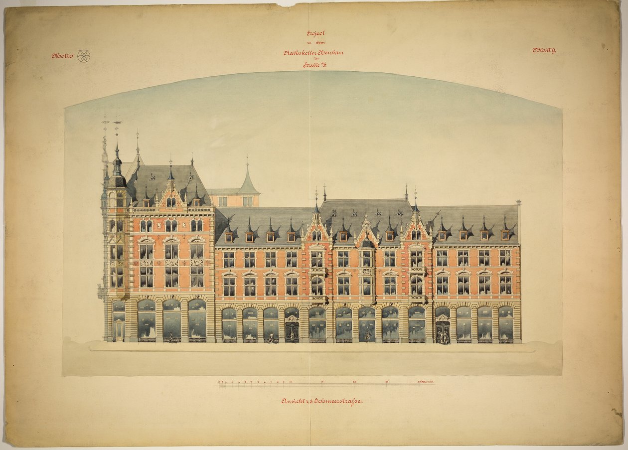 Nowy budynek Rathskeller, Halle (Saale), Saksonia-Anhalt, Niemcy, Elewacja autorstwa Peter Joseph Weber