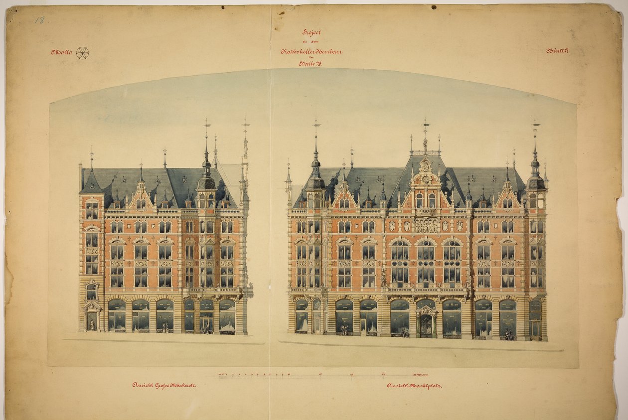 Nowy budynek Rathskeller, Halle (Saale), Saksonia-Anhalt, Niemcy, Elewacje autorstwa Peter Joseph Weber