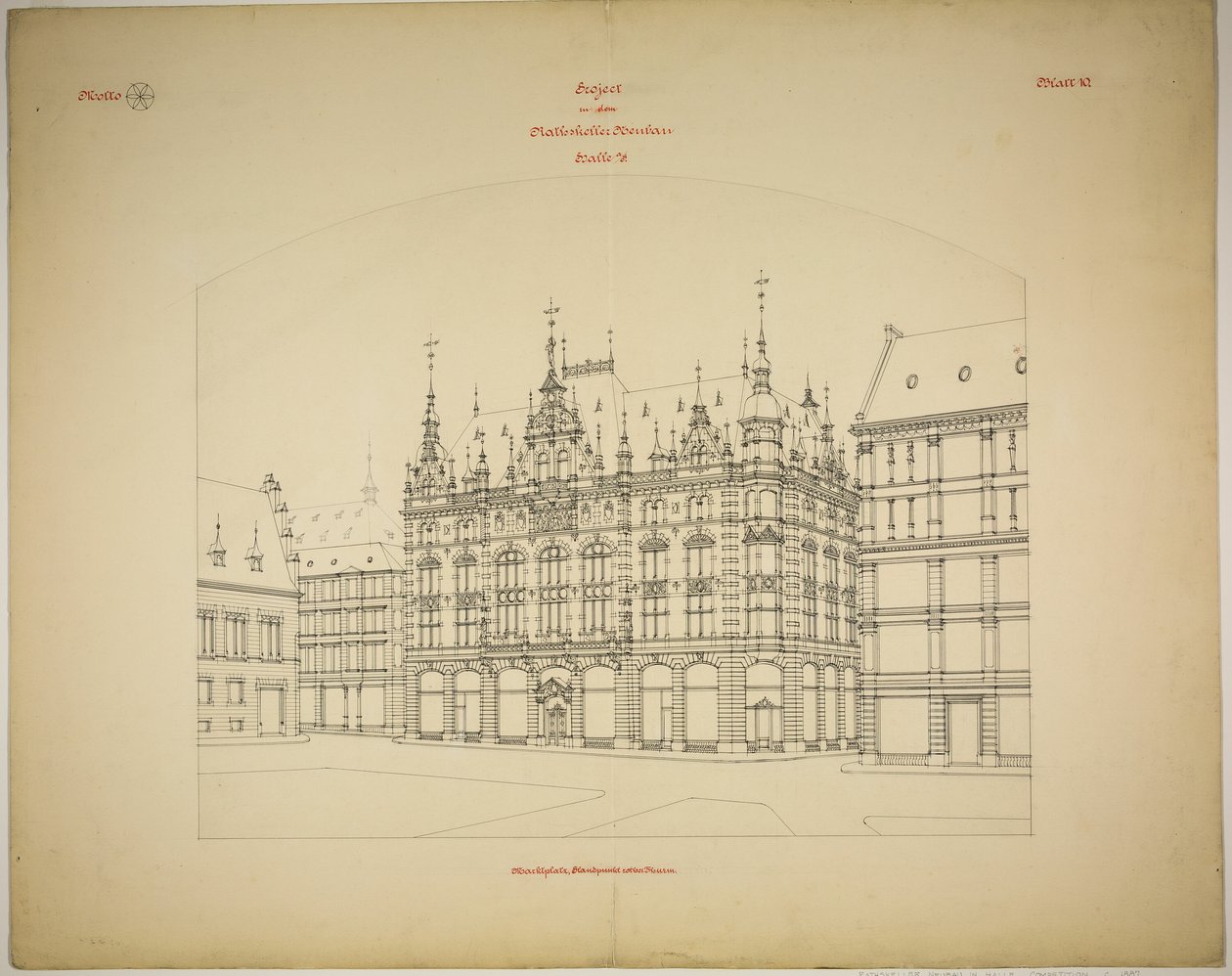 Nowy budynek Rathskeller, Halle (Saale), Saksonia-Anhalt, Niemcy, Perspektywa (niedokończona) autorstwa Peter Joseph Weber