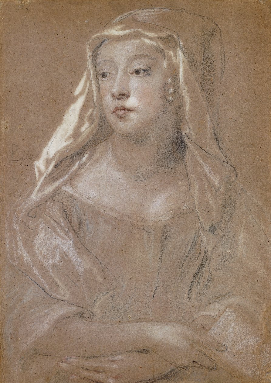 Portret młodej damy, tradycyjnie określanej jako Sarah Jennings, księżna Marlborough, w połowie długości, trzymająca książkę, z rękami skrzyżowanymi na kolanach, z ubiorem głowy na ramionach, 1667 autorstwa Peter Lely