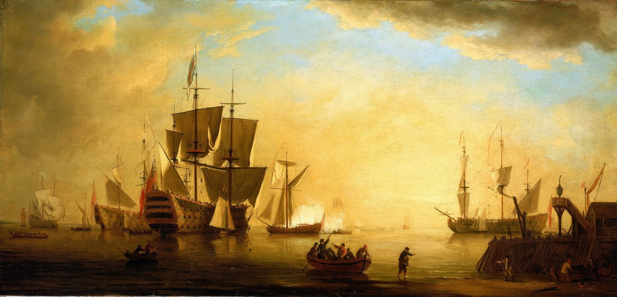 Brytyjski budynek z innymi zakotwiczonymi statkami o zmierzchu. Olej na płótnie, początek XVIII wieku, autor: Peter Monamy (1681-1749). autorstwa Peter Monamy