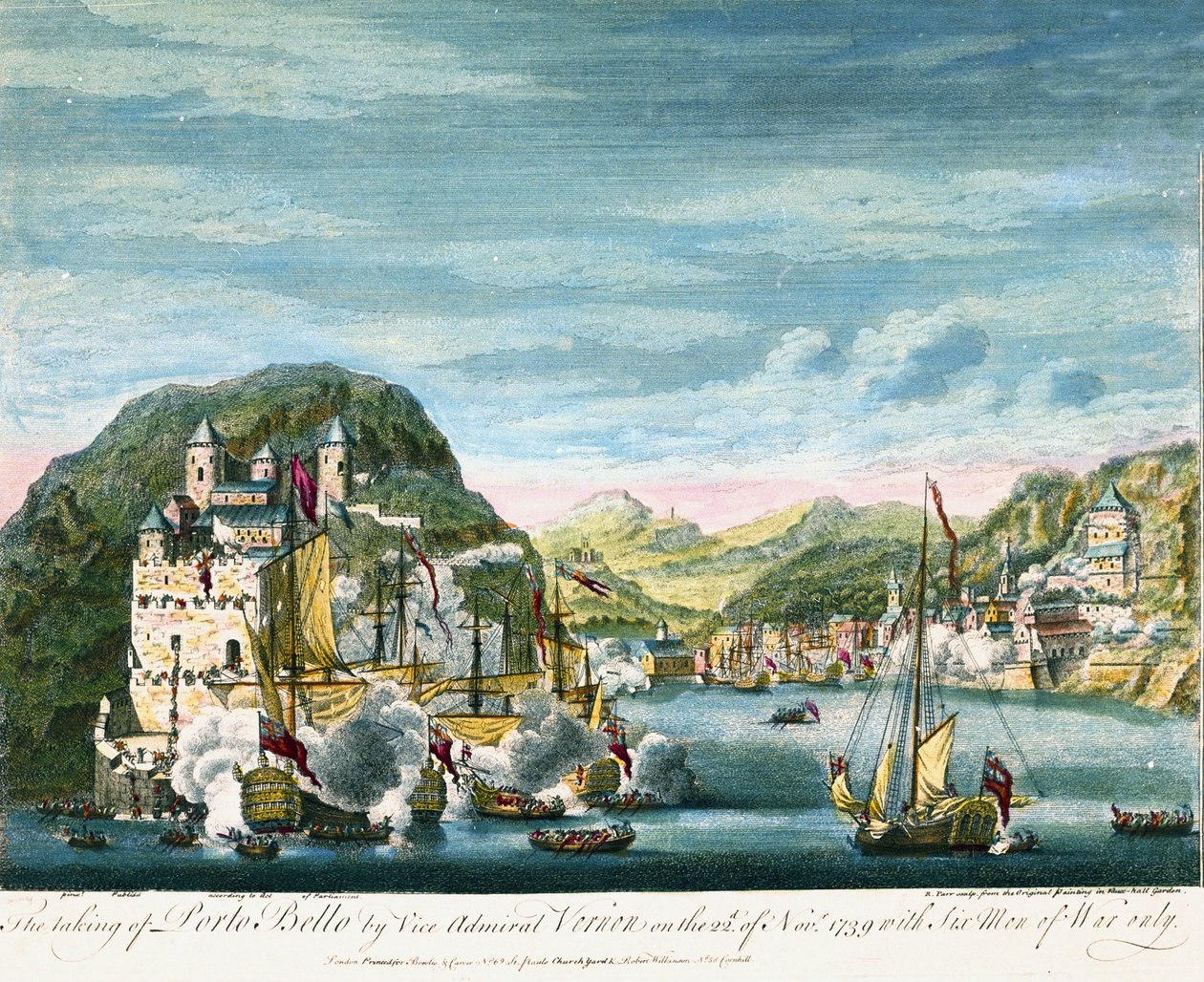 Wojna o ucho Jenkinsa: "Zdobycie i zniszczenie Porto Bello w dniu 21 listopada 1739 r." Miała miejsce na Karaibach i była świadkiem starcia flot kolonialnych i wojsk Królestwa Wielkiej Brytanii i Hiszpanii. autorstwa Peter Monamy