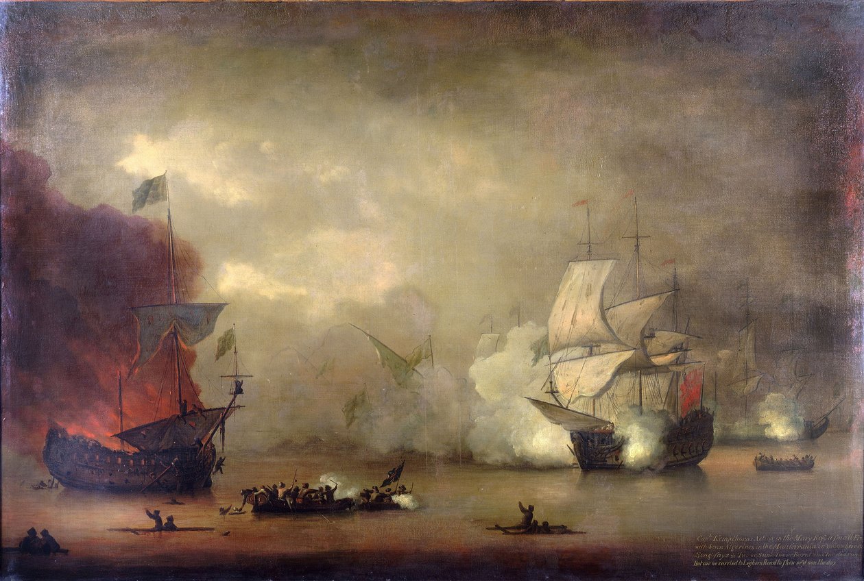 Walka morska pomiędzy HMS "Mary Rose" Królewskiej Marynarki Wojennej a siedmioma pirackimi algierskimi okrętami u wybrzeży Tangeru (Maroko), 8 grudnia. autorstwa Peter Monamy