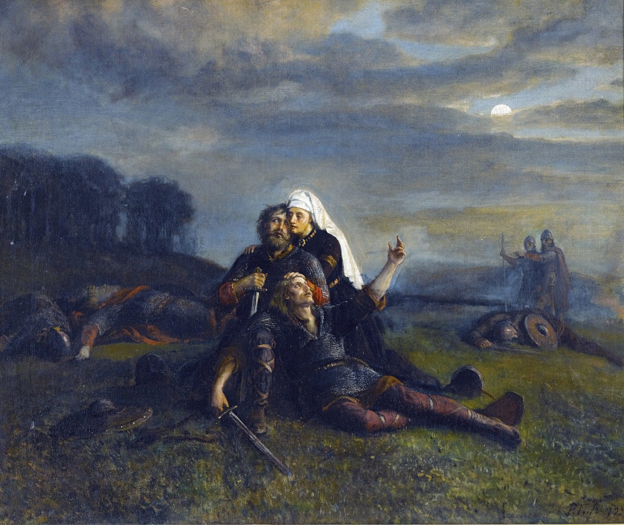 Bitwa pod Stiklestad (29 lipca 1030) - Po bitwie - Peter Nicolai Arbo (1831-1892), - Olej na płótnie, 51x61,5 - Kolekcja prywatna autorstwa Peter Nicolai Arbo