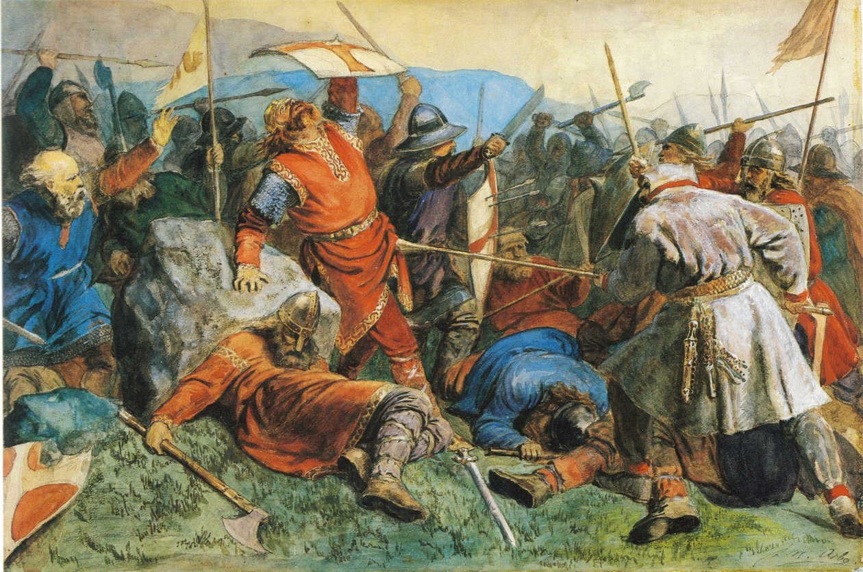 Święty Olav w bitwie pod Stiklestad, 1859 autorstwa Peter Nicolai Arbo