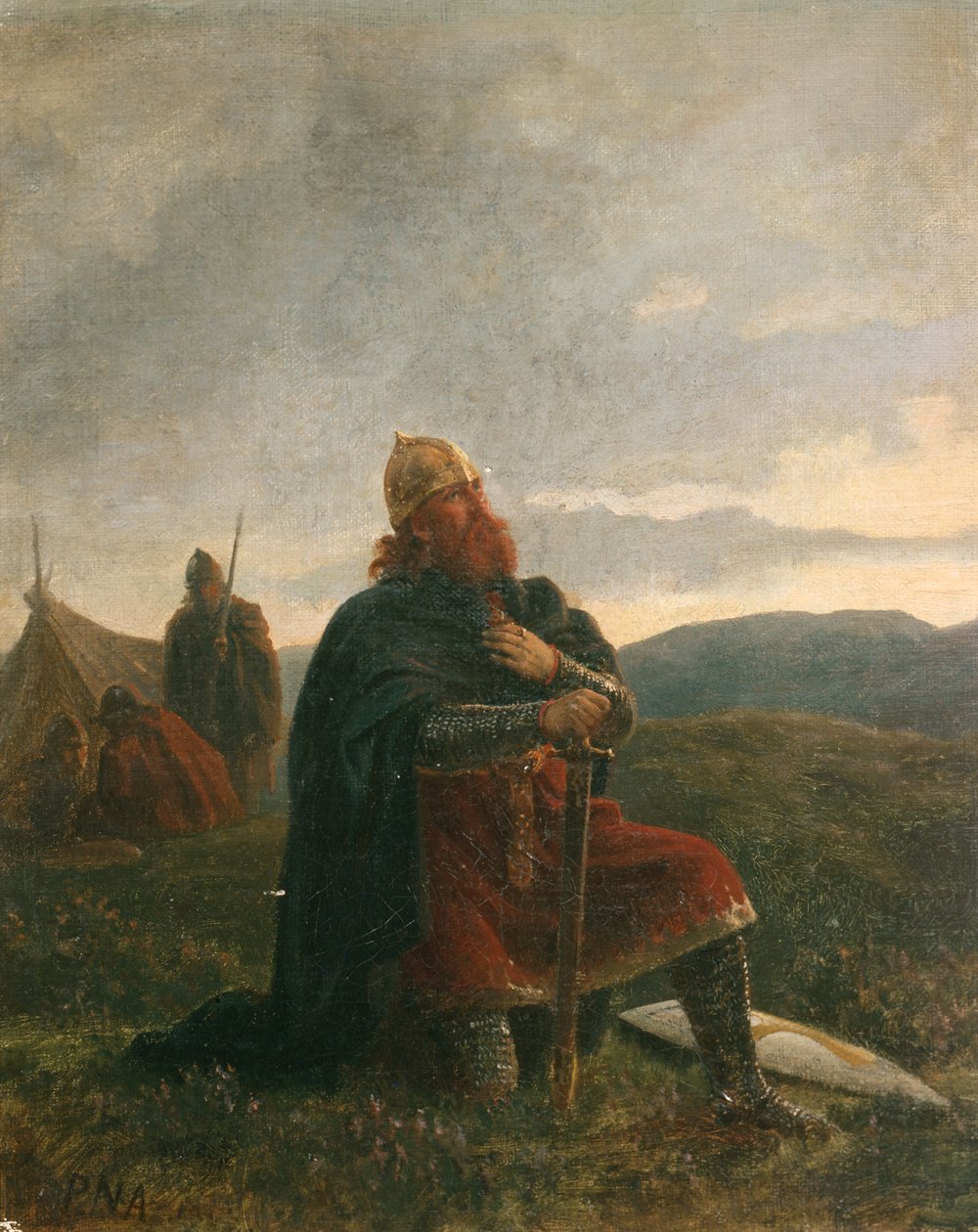 Święty Olav w modlitwie przed bitwą pod Stiklestad (olej na płótnie) autorstwa Peter Nicolai Arbo