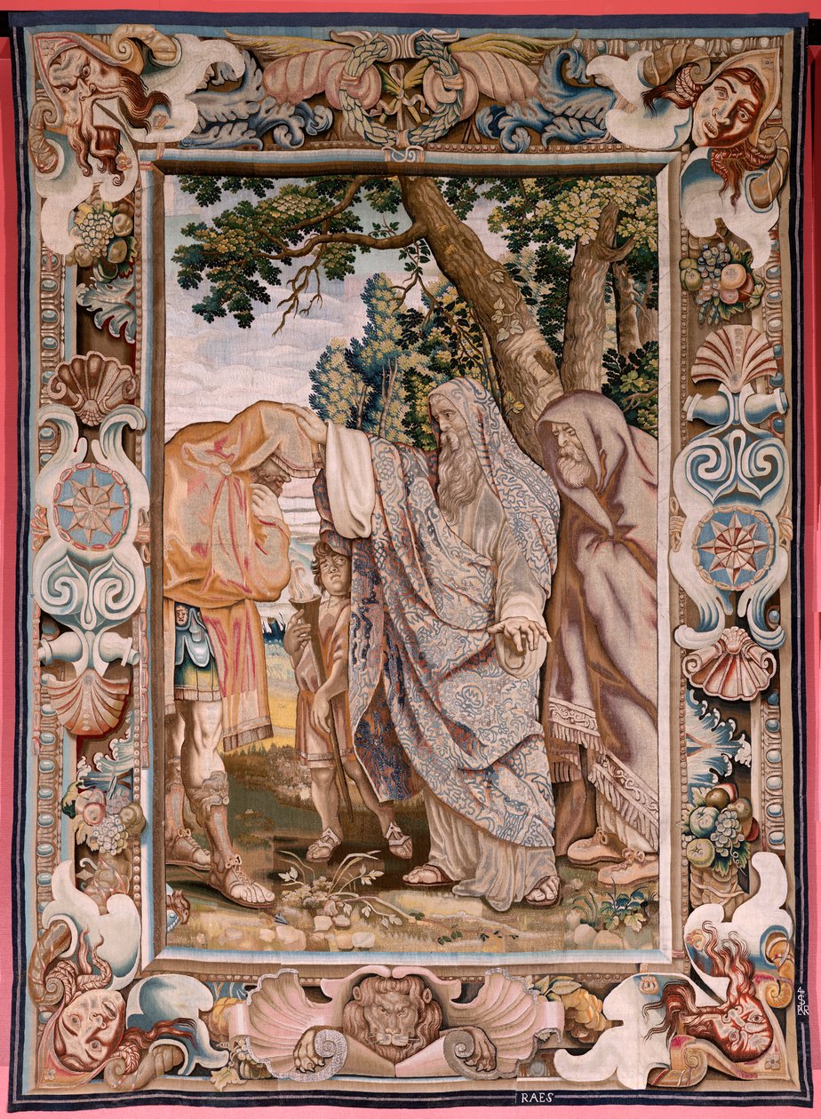 Flamandzki gobelin. Seria Historia konsula Decjusza Mus. Valerius błogosławi Decjusza. Czwarty gobelin w serii. Model PP Rubens. ; Manufaktura Jan Raes II, Bruksela. Około 1620-1629. Tkanina Złoto, srebro, jedwab i wełna. Rozmiar 405 x 330 cm. Lokalizacja  autorstwa Peter Paul (after) Rubens