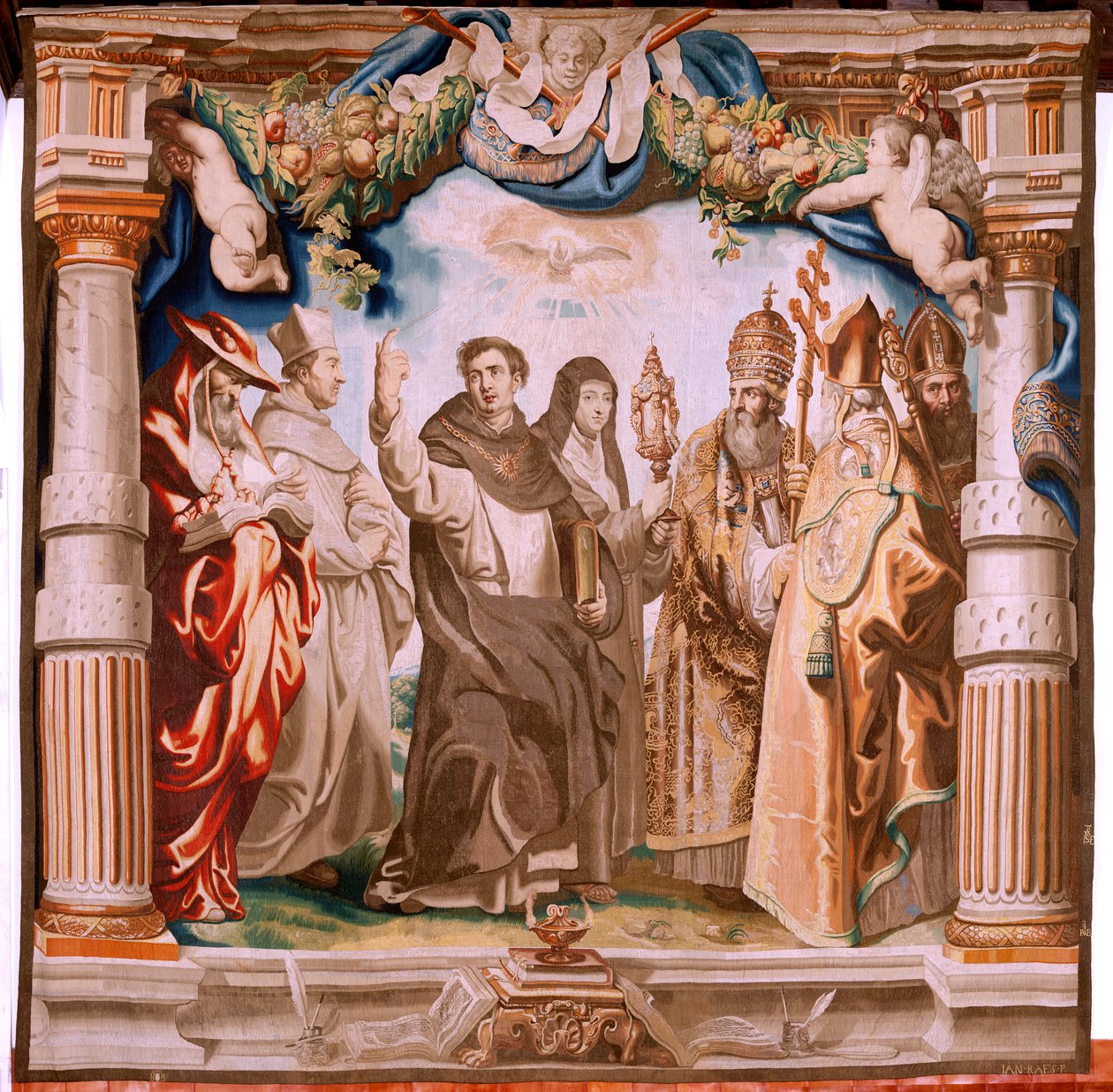 Flamandzki gobelin. Seria Triumf Eucharystii. Obrońcy Eucharystii (os defensores de la Eucaristía). Dziesiąty gobelin z serii. Model Peter Paul Rubens. 1626-1628. Manufaktura Jan II Raes, Hans Vervoert, Jacques Fobert, Bruksela autorstwa Peter Paul (after) Rubens