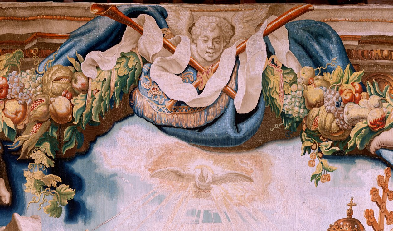 Flamandzki gobelin. Seria Triumf Eucharystii. Obrońcy Eucharystii (os defensores de la Eucaristía). Dziesiąty gobelin z serii. Model Peter Paul Rubens. 1626-1628. Manufaktura Jan II Raes, Hans Vervoert, Jacques Fobert, Bruksela autorstwa Peter Paul (after) Rubens