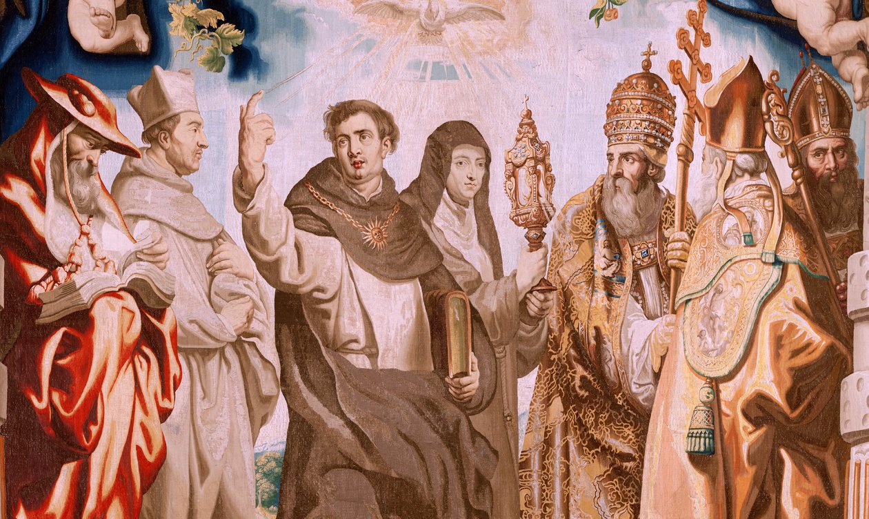 Flamandzki gobelin. Seria Triumf Eucharystii. Obrońcy Eucharystii (os defensores de la Eucaristía). Dziesiąty gobelin z serii. Model Peter Paul Rubens. 1626-1628. Manufaktura Jan II Raes, Hans Vervoert, Jacques Fobert, Bruksela autorstwa Peter Paul (after) Rubens