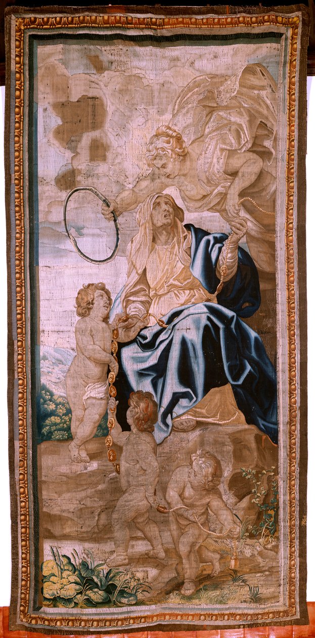 Flamandzki gobelin. Seria Triumf Eucharystii. Sukcesja papieży (La sucesión de los papas). Osiemnasty gobelin z serii. Model Peter Paul Rubens. 1626-1628. Manufaktura Jan II Raes, Hans Vervoert, Bruksela autorstwa Peter Paul (after) Rubens