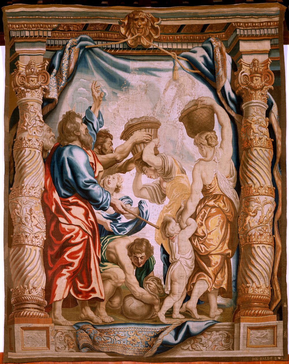 Flamandzki gobelin. Spadanie manny na pustyni (La caída del maná en el desierto). Seria Triumf Eucharystii. Trzeci gobelin w serii. Model Peter Paul Rubens. 1626-1628. Manufaktura Jan II Raes, Jacob II Geubels, Hans Vervoert, Ja autorstwa Peter Paul (after) Rubens