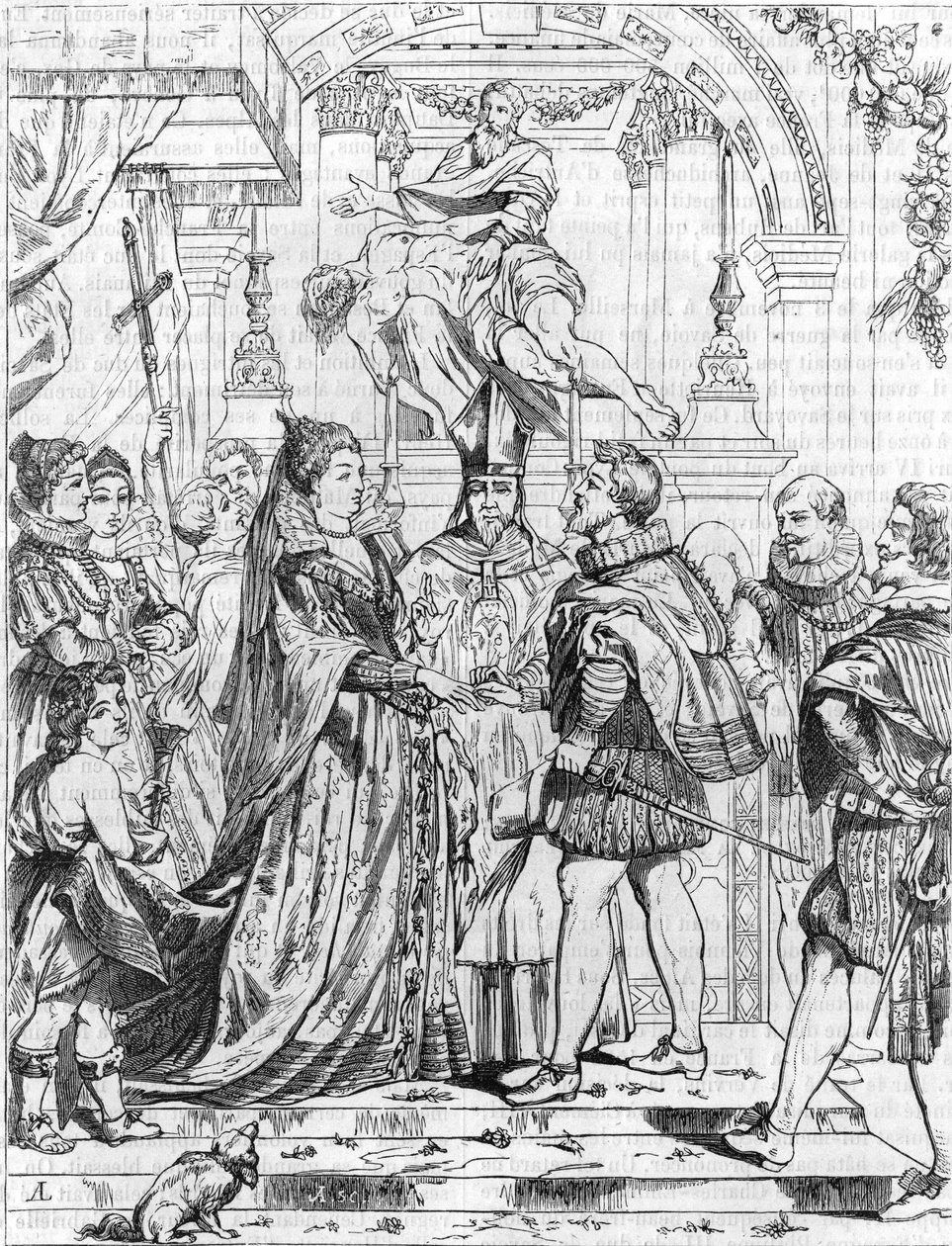 Małżeństwo przez pełnomocnika Marii de Medicis (1576-1642) z Henrykiem IV we Florencji, 5 października 1600 r. Grawer Pierre Paul (Pierre-Paul) Rubens (lub Peter Paul lub Petrus Paulus) (1577-1640). autorstwa Peter Paul (after) Rubens