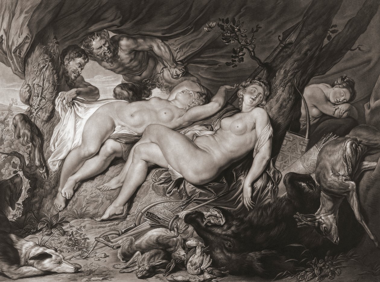 Nukkuva Diana ja hänen nymfinsä vakoilivat satyyrit. (tulostus)kiillotus autorstwa Peter Paul (after) Rubens