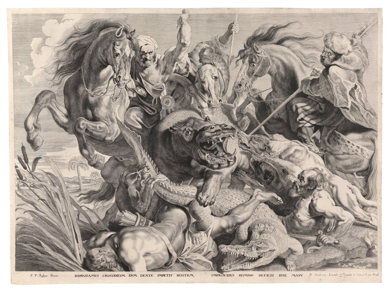 Polowanie na hipopotama i krokodyla (grawerowanie) autorstwa Peter Paul (after) Rubens