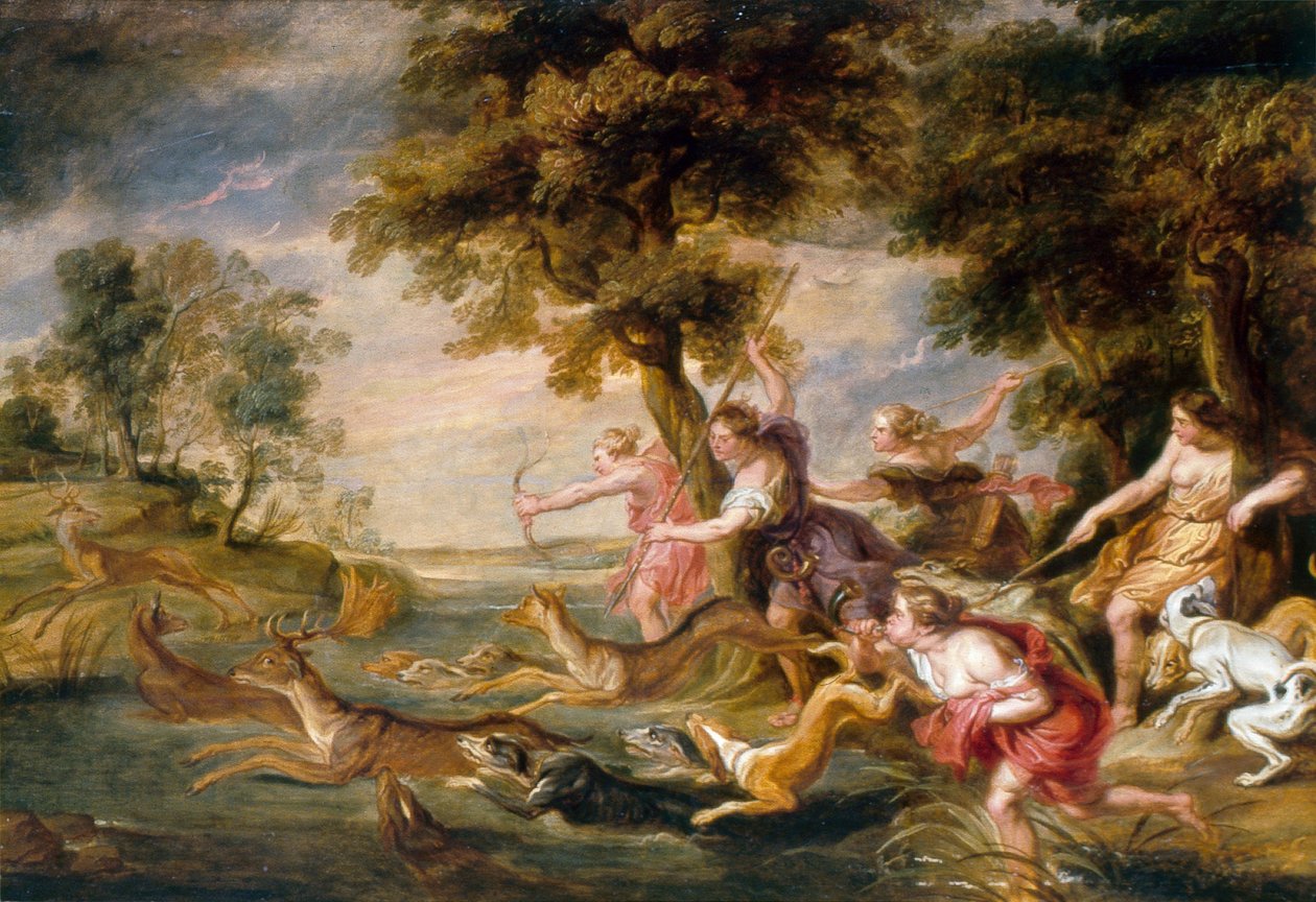 Diana i nimfy polujące na daniele, ok. 1673 (olej na płótnie) autorstwa Peter Paul (follower of) Rubens
