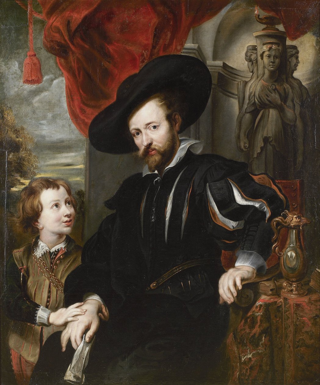 ""Portret malarza Petera Paula Rubensa (1577-1640) i jego syna Alberta" (Portret Petera Paula Rubensa z synem Albertem) Obraz ze szkoły Petera Paula Rubensa XVII wiek Olej na płótnie - Rubenshuis Antwerpia autorstwa Peter Paul (school of) Rubens