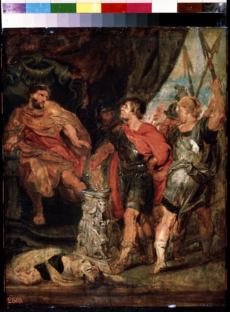 Mucius Scaevola devant Porsenna (Mucius Scaevola przed Porsenną). Caius Mucius Scaevola, jeune patrycjusz Romain capture par la garde royale de Porsenna (Porsinna, Porsena) autorstwa Peter Paul (studio of) Rubens