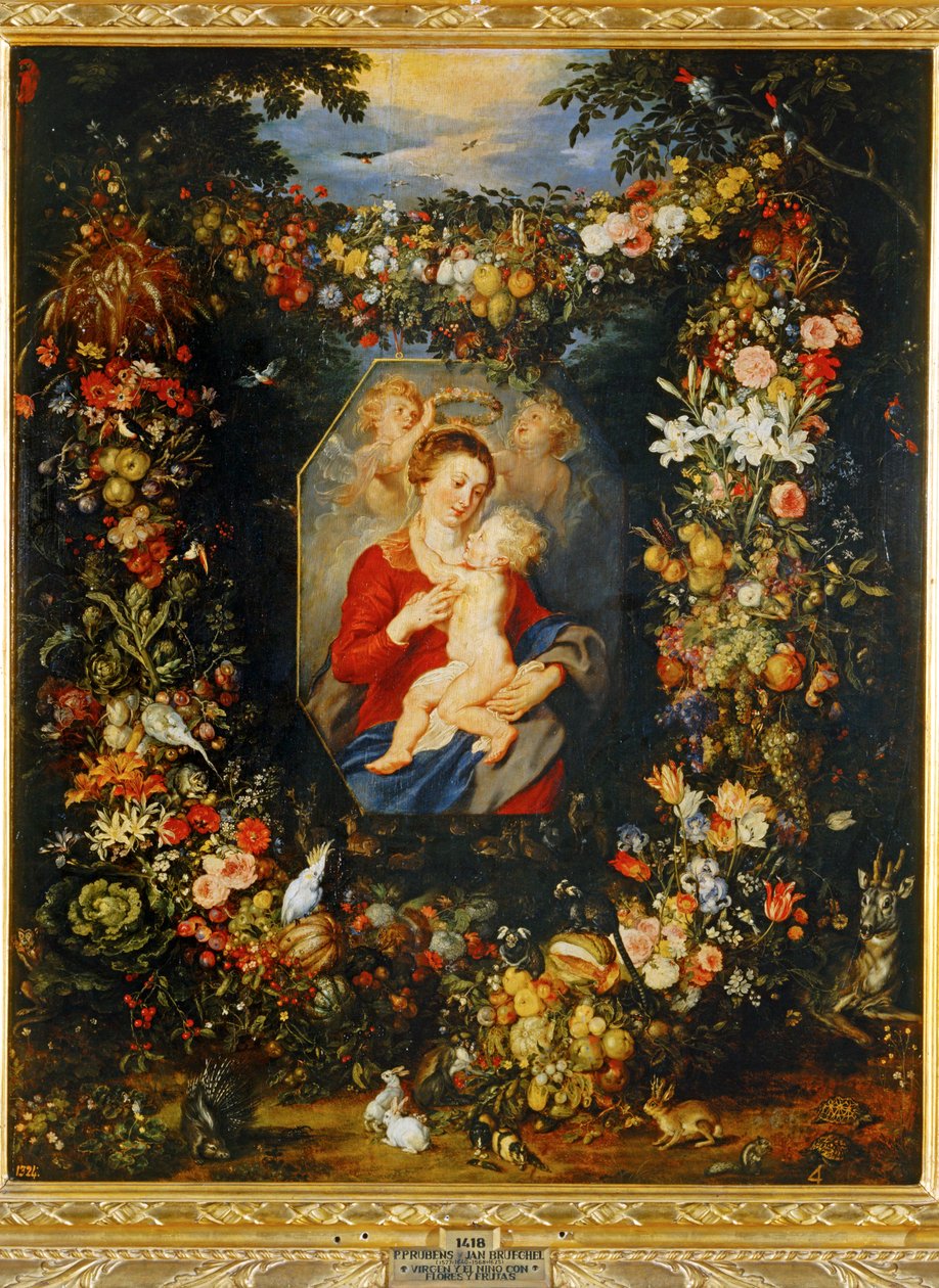 Maryja Dziewica z Dzieciątkiem w wieńcu z kwiatów i owoców ... autorstwa Peter Paul & Brueghel Jan (1601 78) Rubens