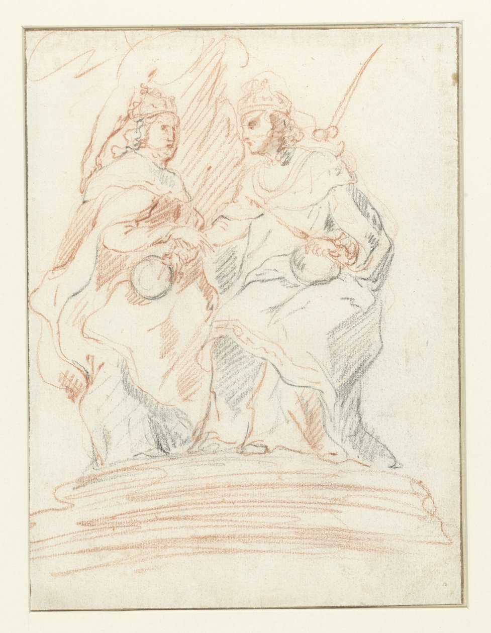 Król i królowa na tronie, za nimi stoi Fama Chrystus i Maryja autorstwa Peter Paul Rubens (possibly)